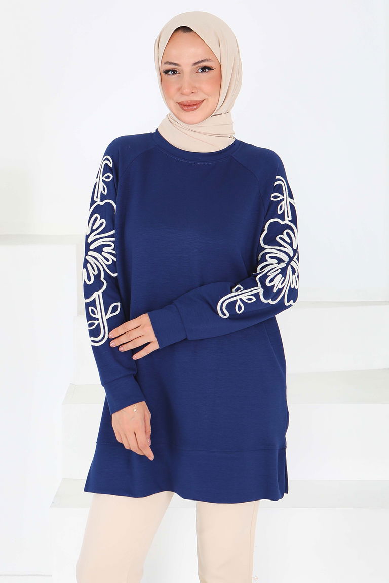 Kolları Nakış Detaylı Modal Tunik - 27703-LACIVERT - TOFİSA