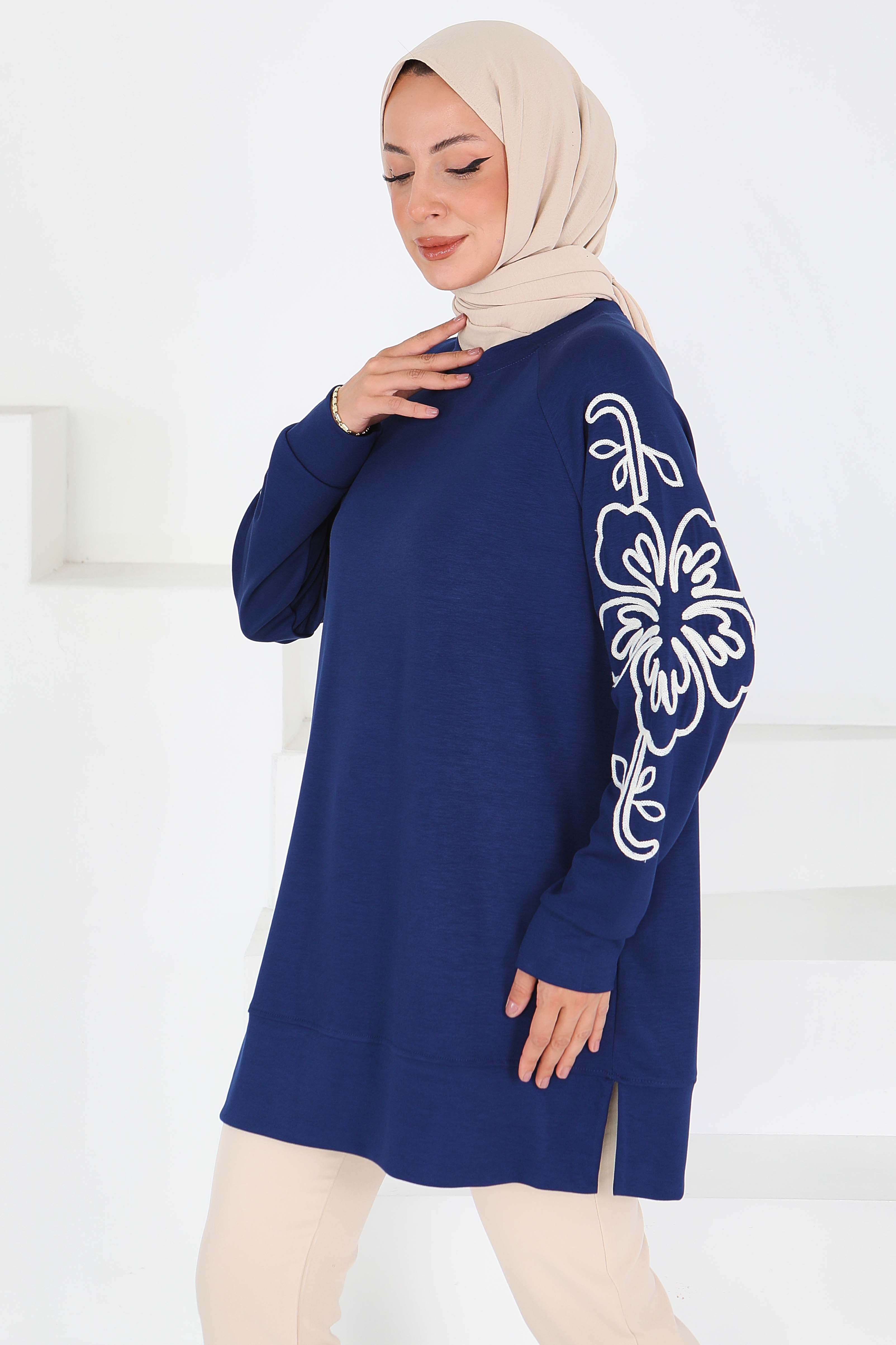 Kolları Nakış Detaylı Modal Tunik - 27703-LACIVERT - 2
