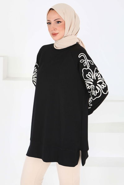 Kolları Nakış Detaylı Modal Tunik - 27703-SIYAH 