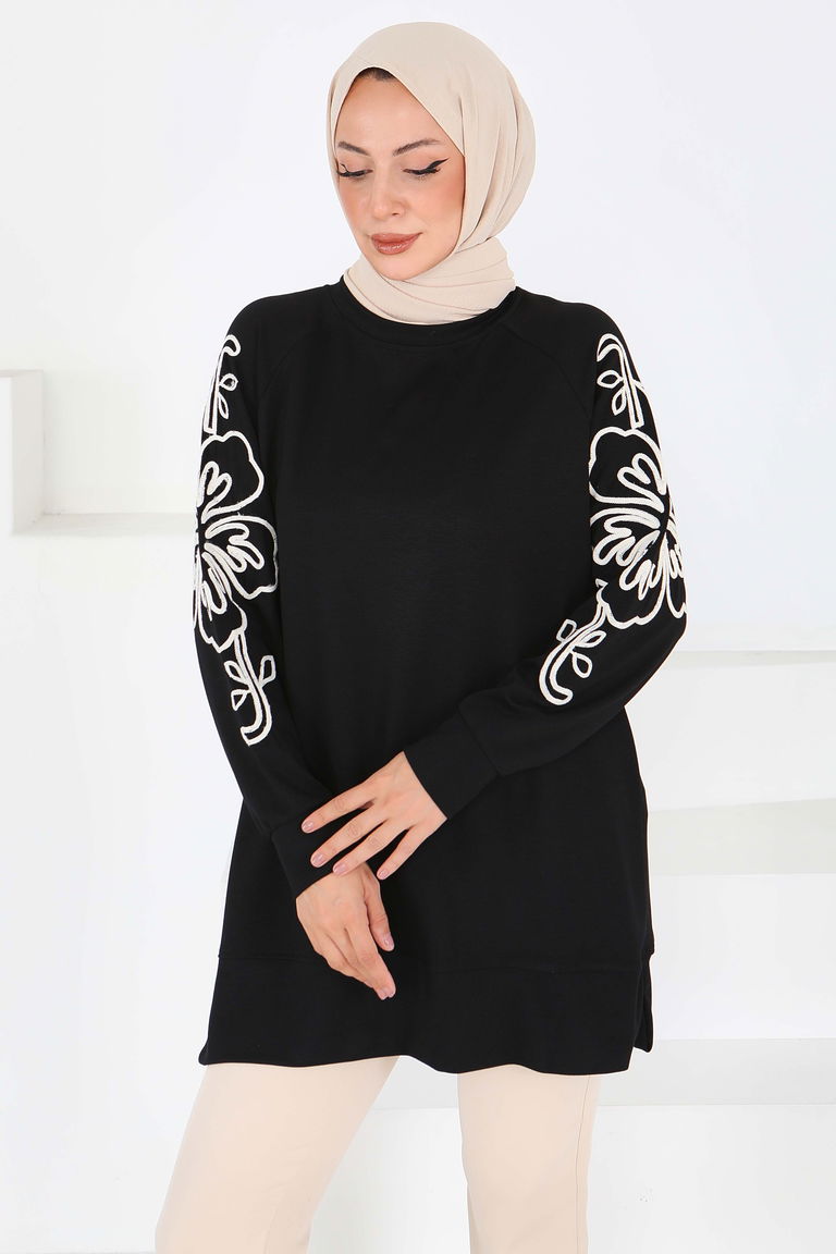 Kolları Nakış Detaylı Modal Tunik - 27703-SIYAH - TOFİSA