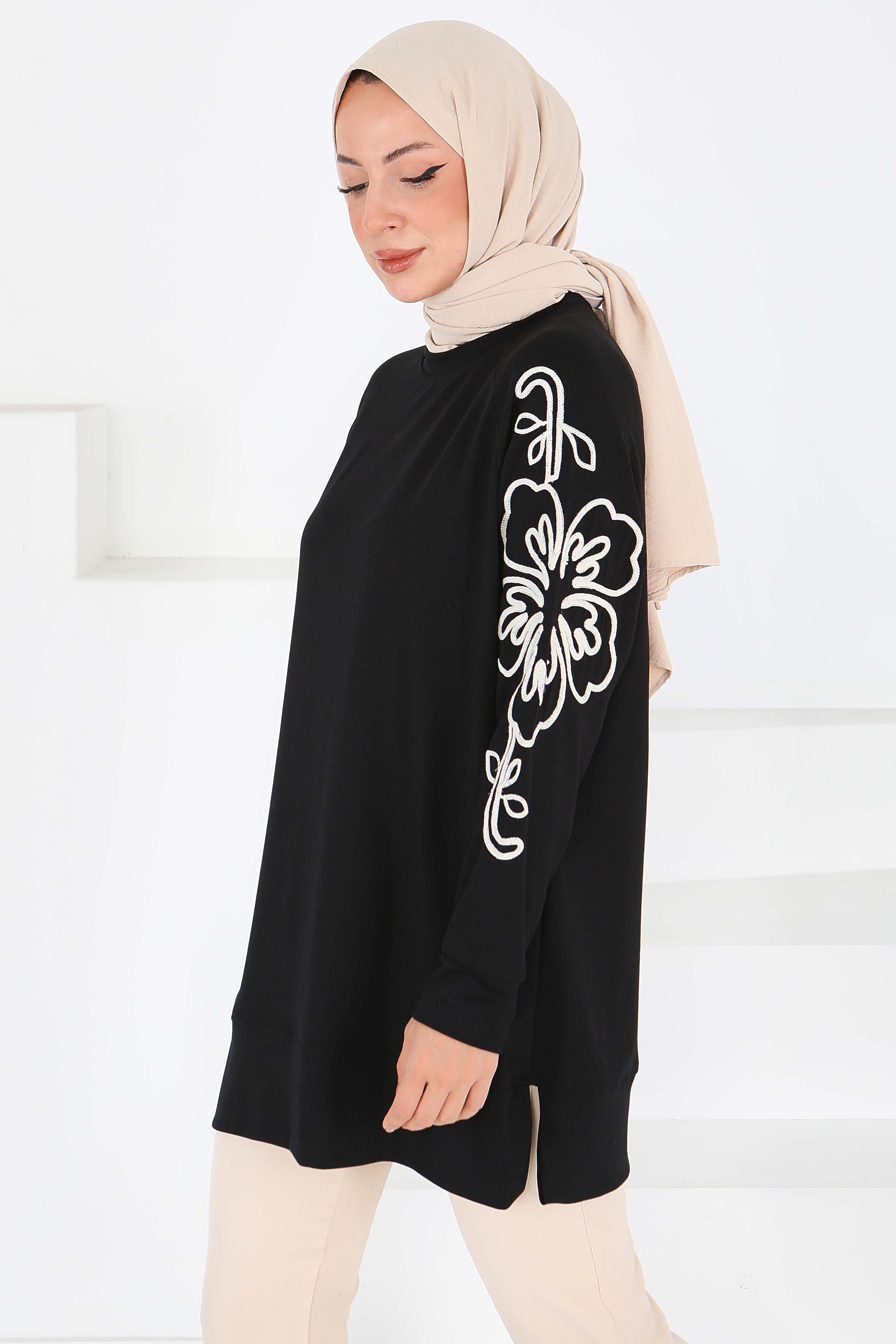 Kolları Nakış Detaylı Modal Tunik - 27703-SIYAH - 3