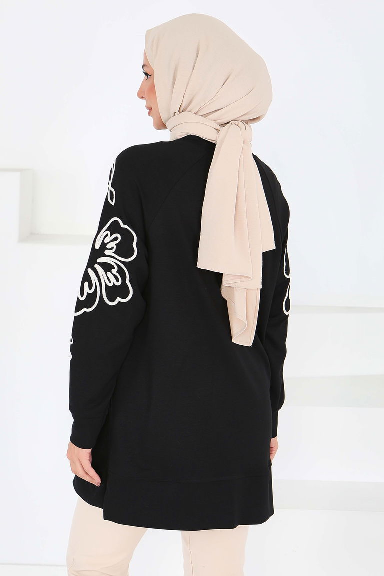 Kolları Nakış Detaylı Modal Tunik - 27703-SIYAH - TOFİSA