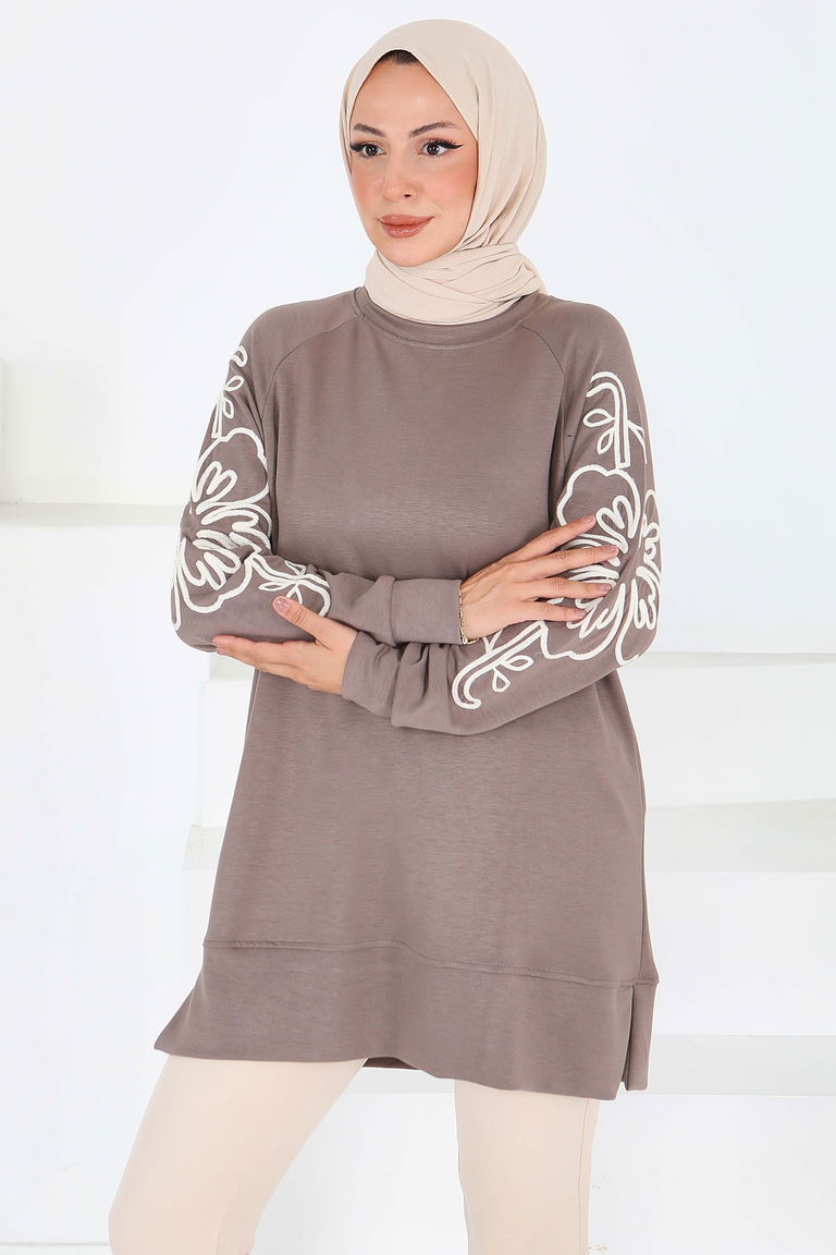 Kolları Nakış Detaylı Modal Tunik - 27703-VIZON - TOFİSA