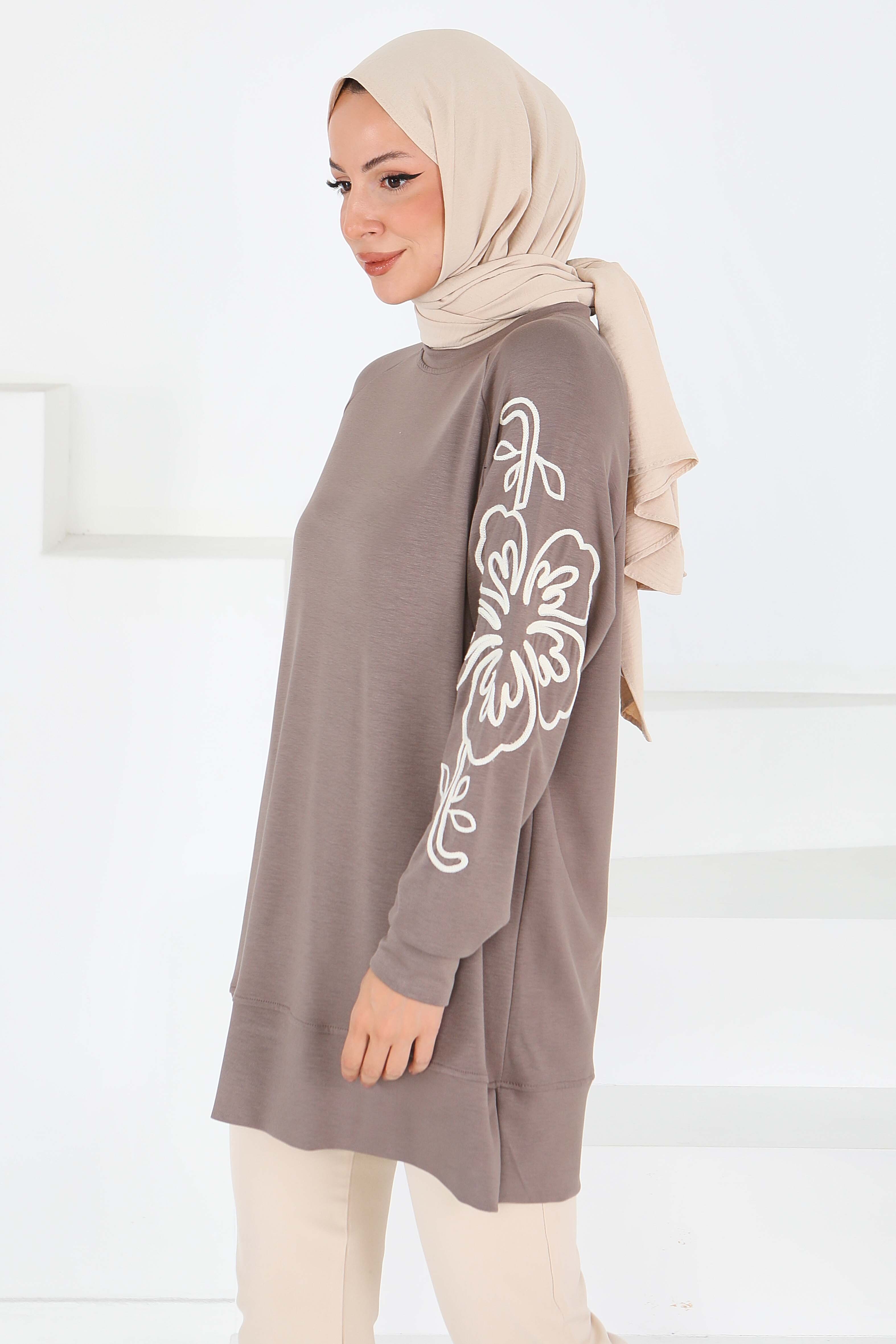 Kolları Nakış Detaylı Modal Tunik - 27703-VIZON - 2