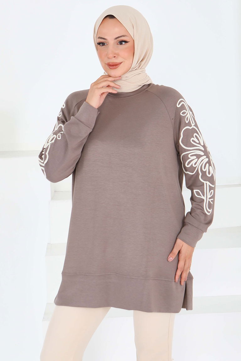 Kolları Nakış Detaylı Modal Tunik - 27703-VIZON - TOFİSA
