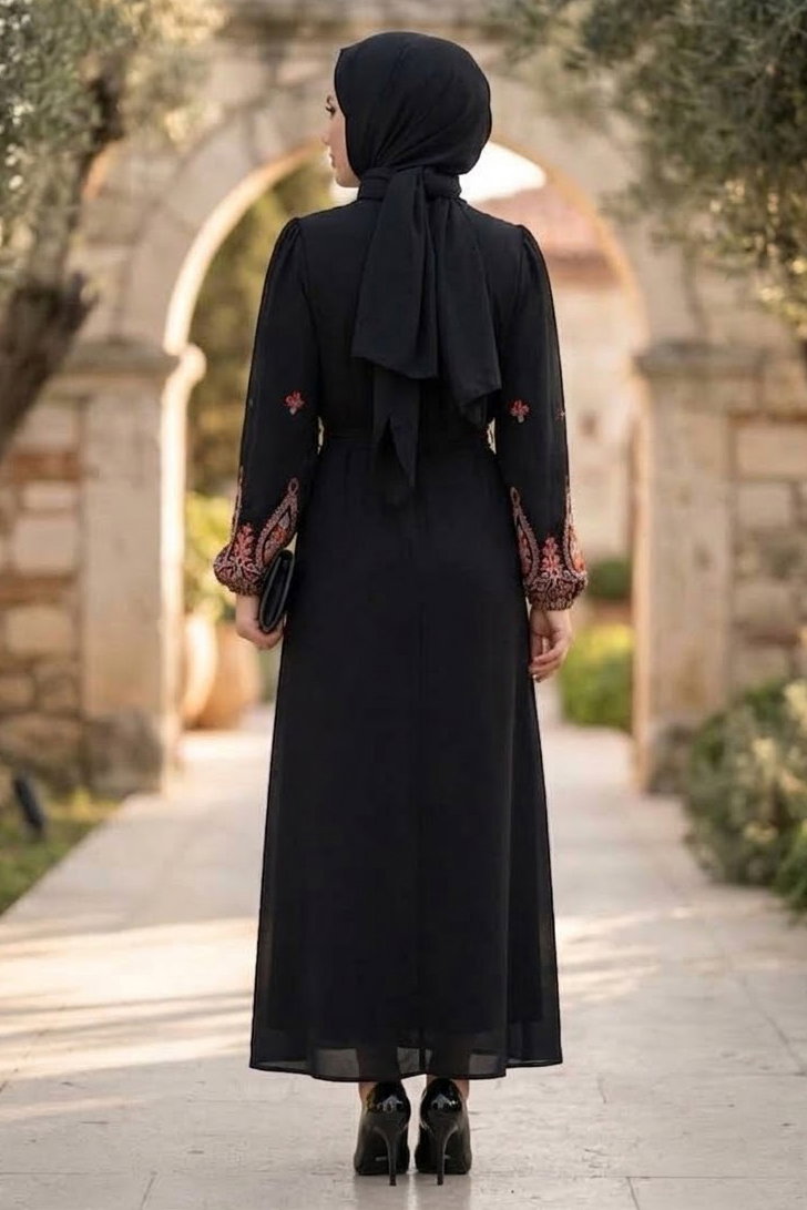 Kolları Nakışlı Kemerli Elbise Siyah - 28930-SIYAH - 4