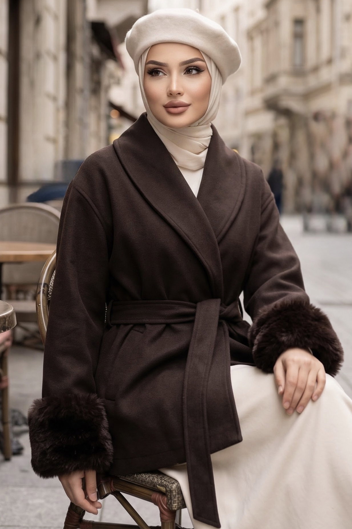 Kolları Peluş Detaylı Kuşaklı Kaşe Mont Kahve - 29296-KAHVE - 1