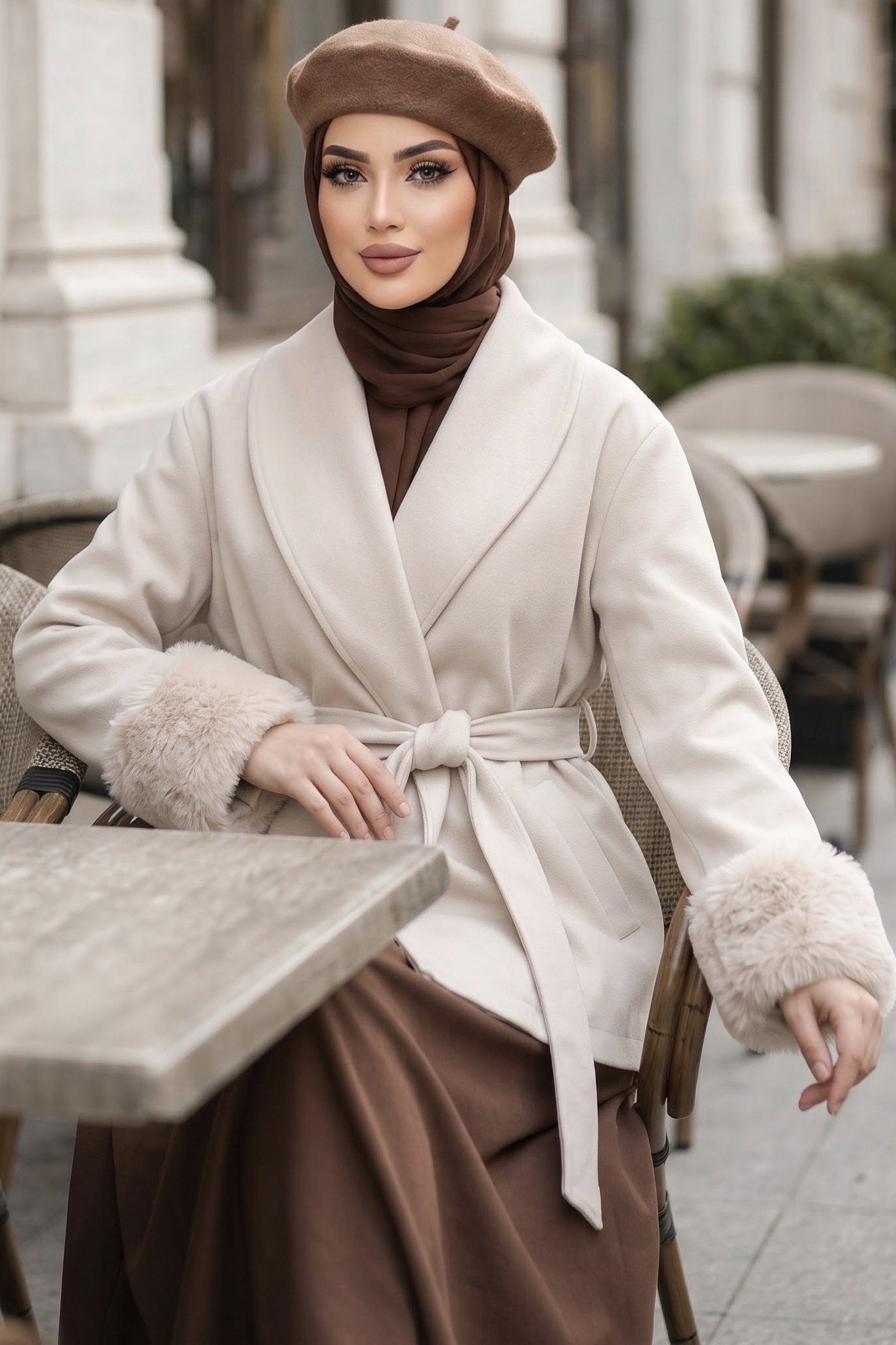 Kolları Peluş Detaylı Kuşaklı Kaşe Mont Tas - 29296-TAS - 1