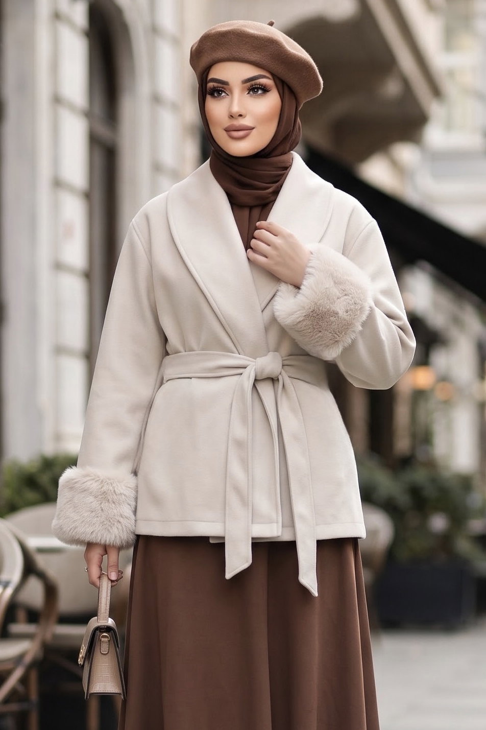 Kolları Peluş Detaylı Kuşaklı Kaşe Mont Tas - 29296-TAS - 2