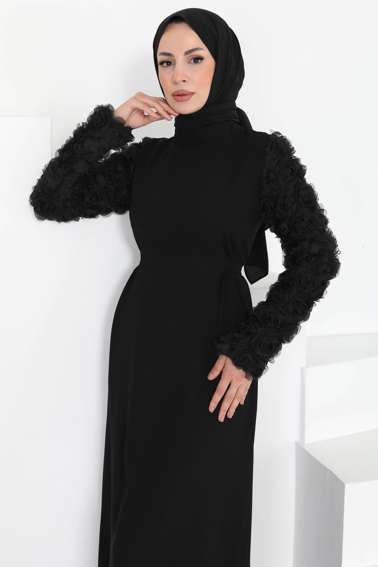 Kolu Güllü Elbise Siyah - 27185 - TOFİSA