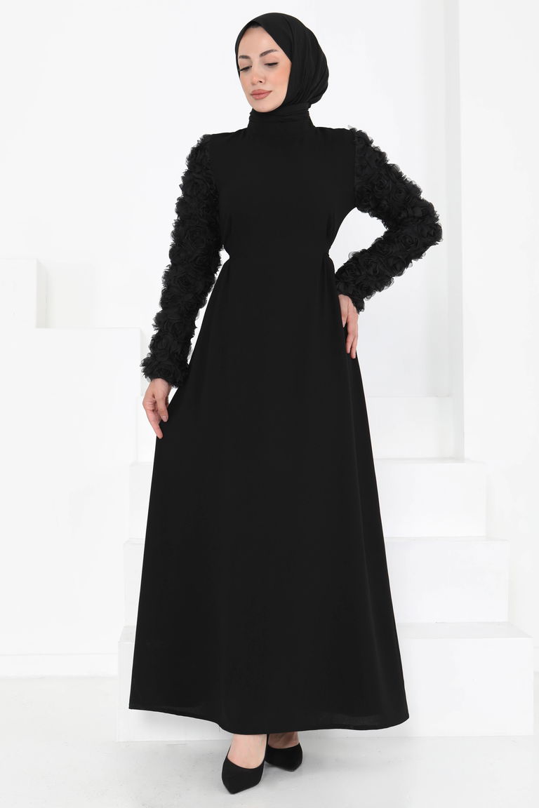 Kolu Güllü Elbise Siyah - 27185 - TOFİSA