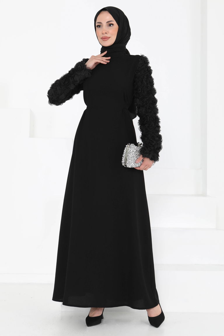 Kolu Güllü Elbise Siyah - 27185 - TOFİSA