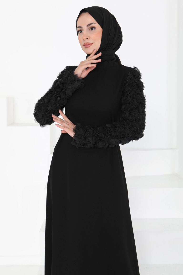 Kolu Güllü Elbise Siyah - 27185 - TOFİSA