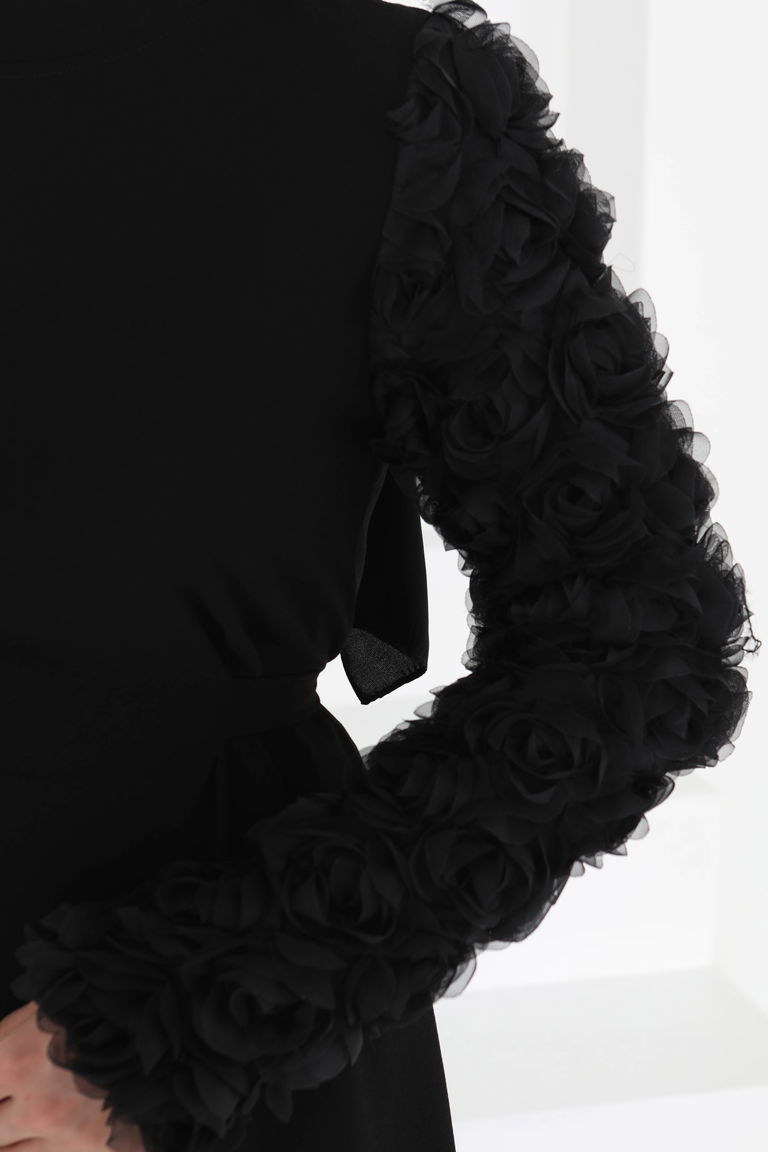 Kolu Güllü Elbise Siyah - 27185 - TOFİSA