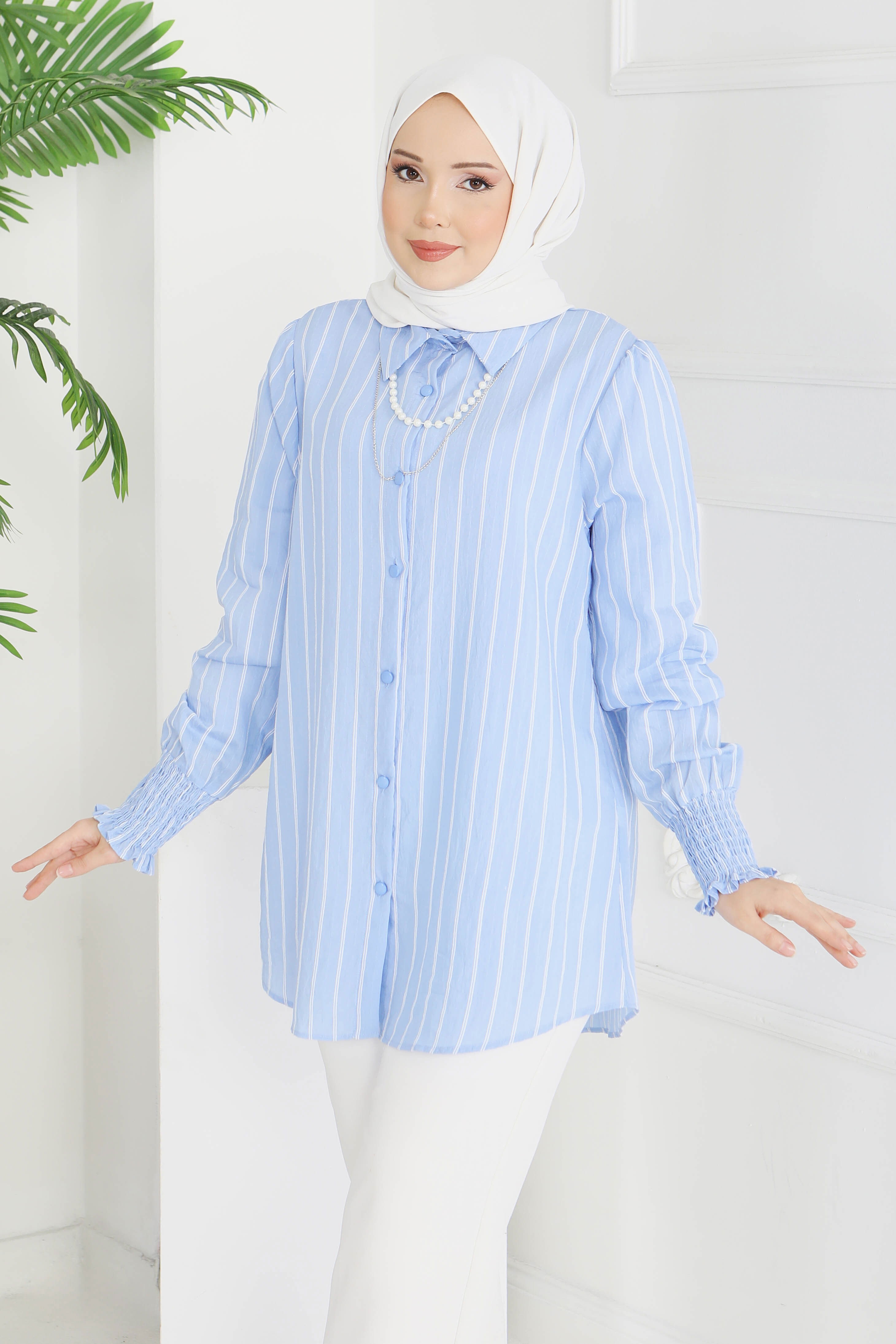Kolyeli Çizgili Tunik - 28209-BEBE-MAVI - 1