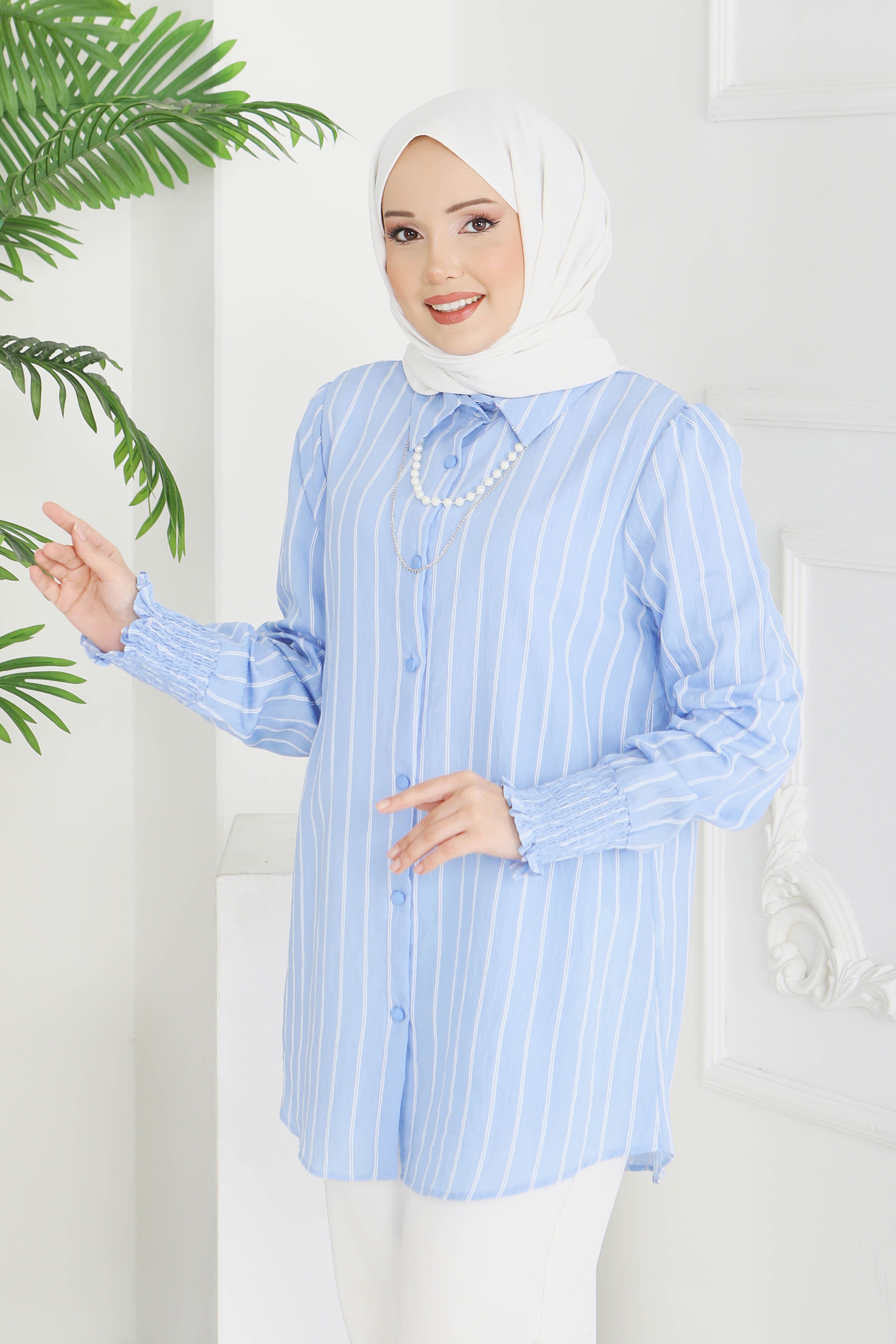 Kolyeli Çizgili Tunik - 28209-BEBE-MAVI - 2