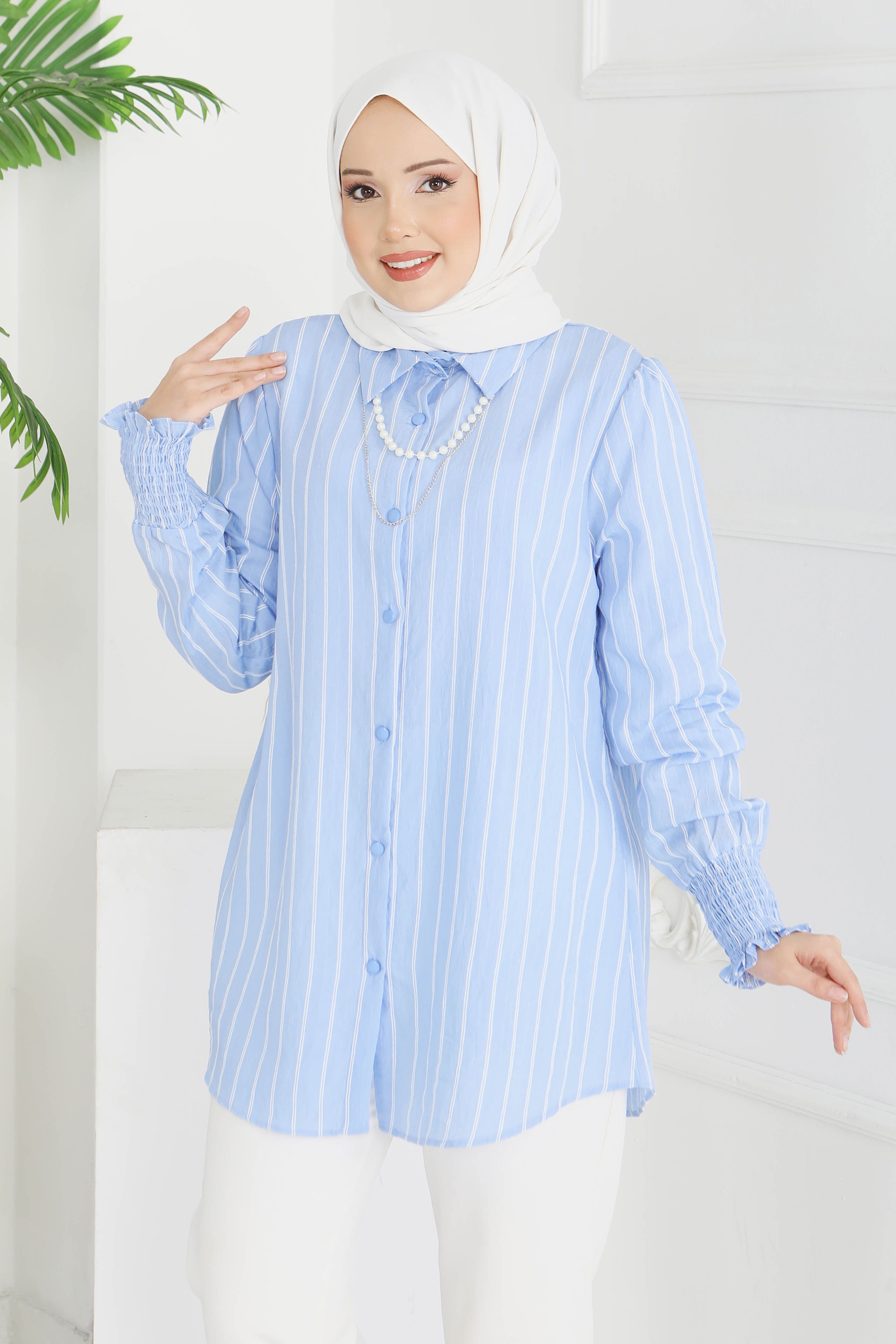 Kolyeli Çizgili Tunik - 28209-BEBE-MAVI - 3