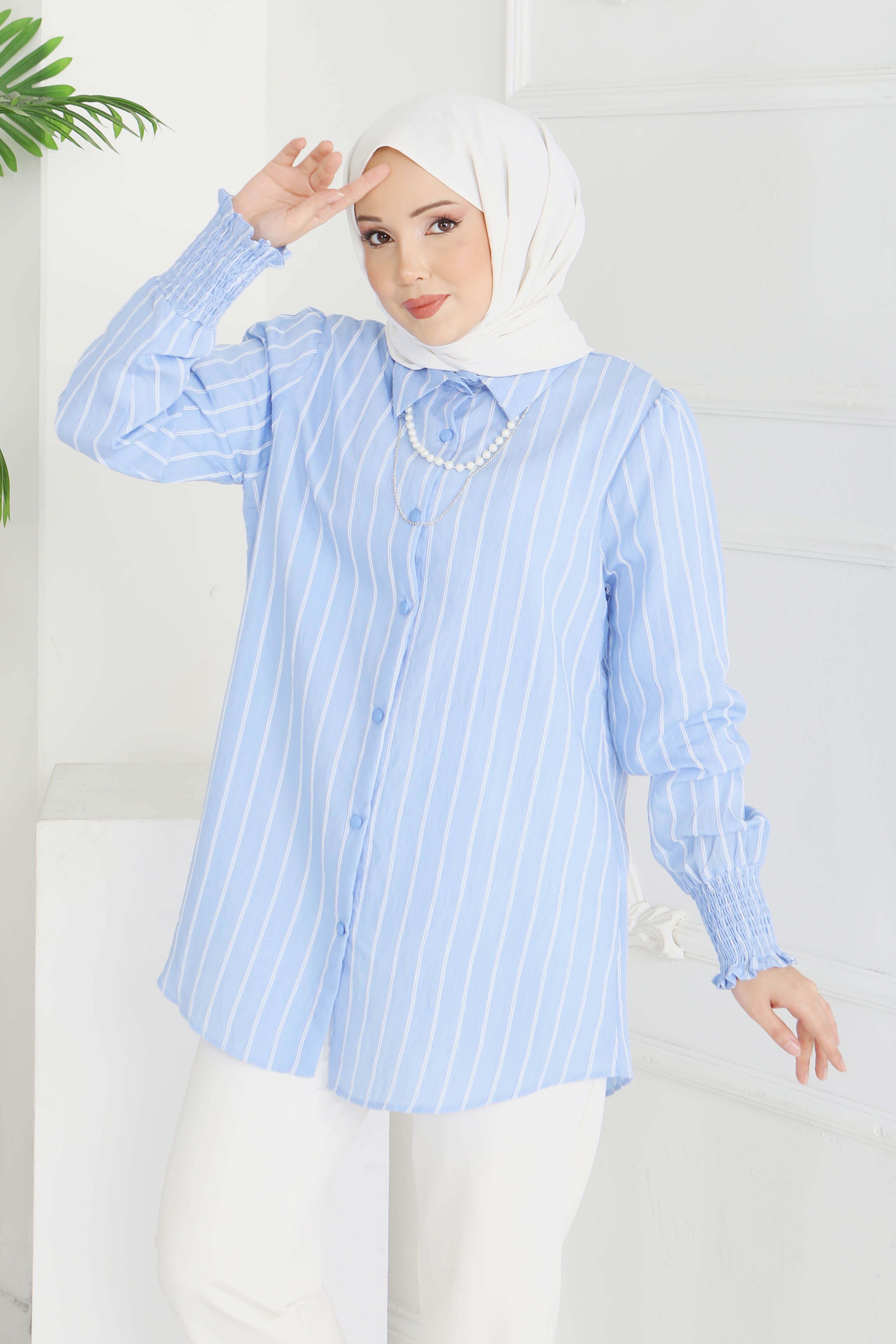 Kolyeli Çizgili Tunik - 28209-BEBE-MAVI - 4