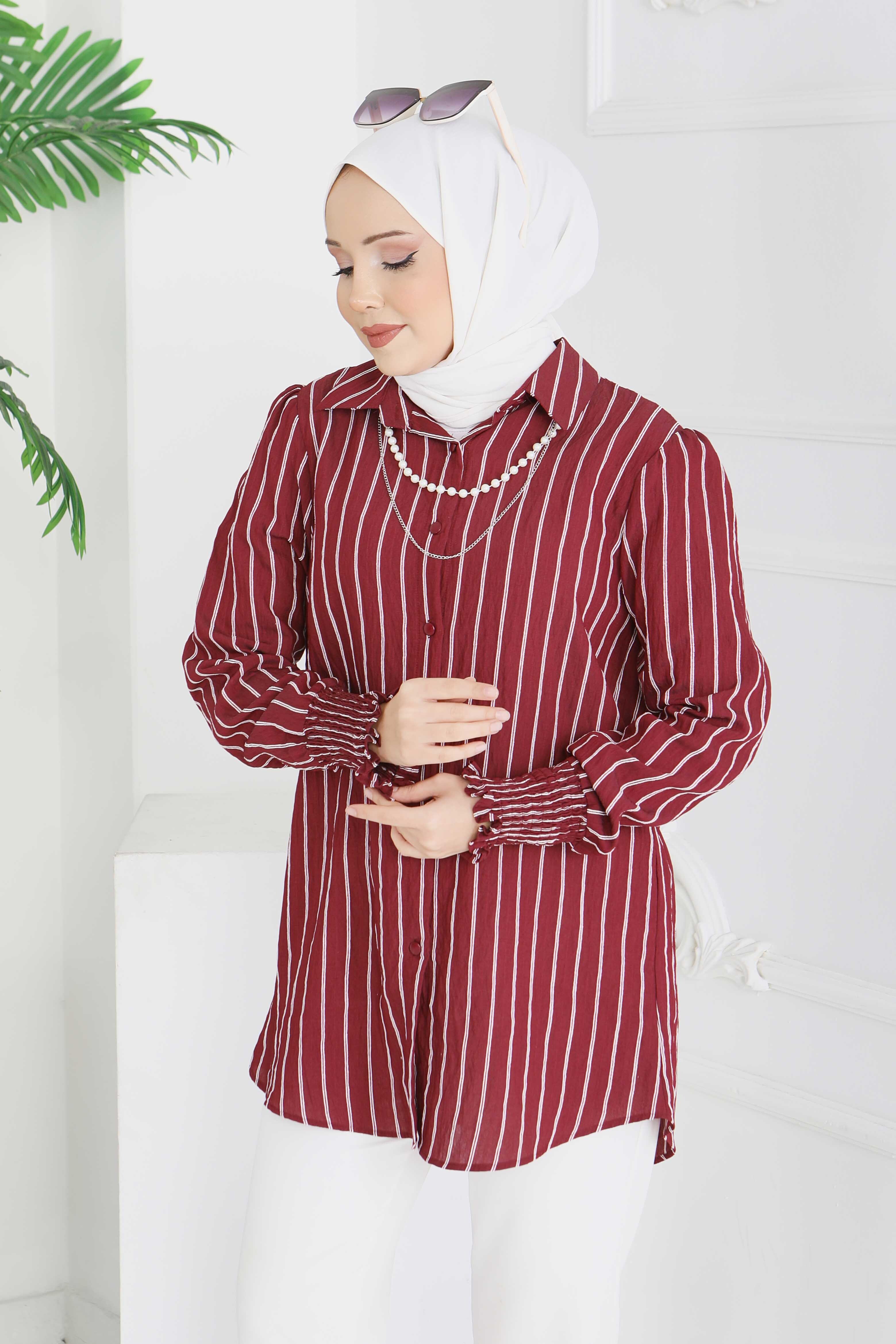 Kolyeli Çizgili Tunik - 28209-BORDO - 2