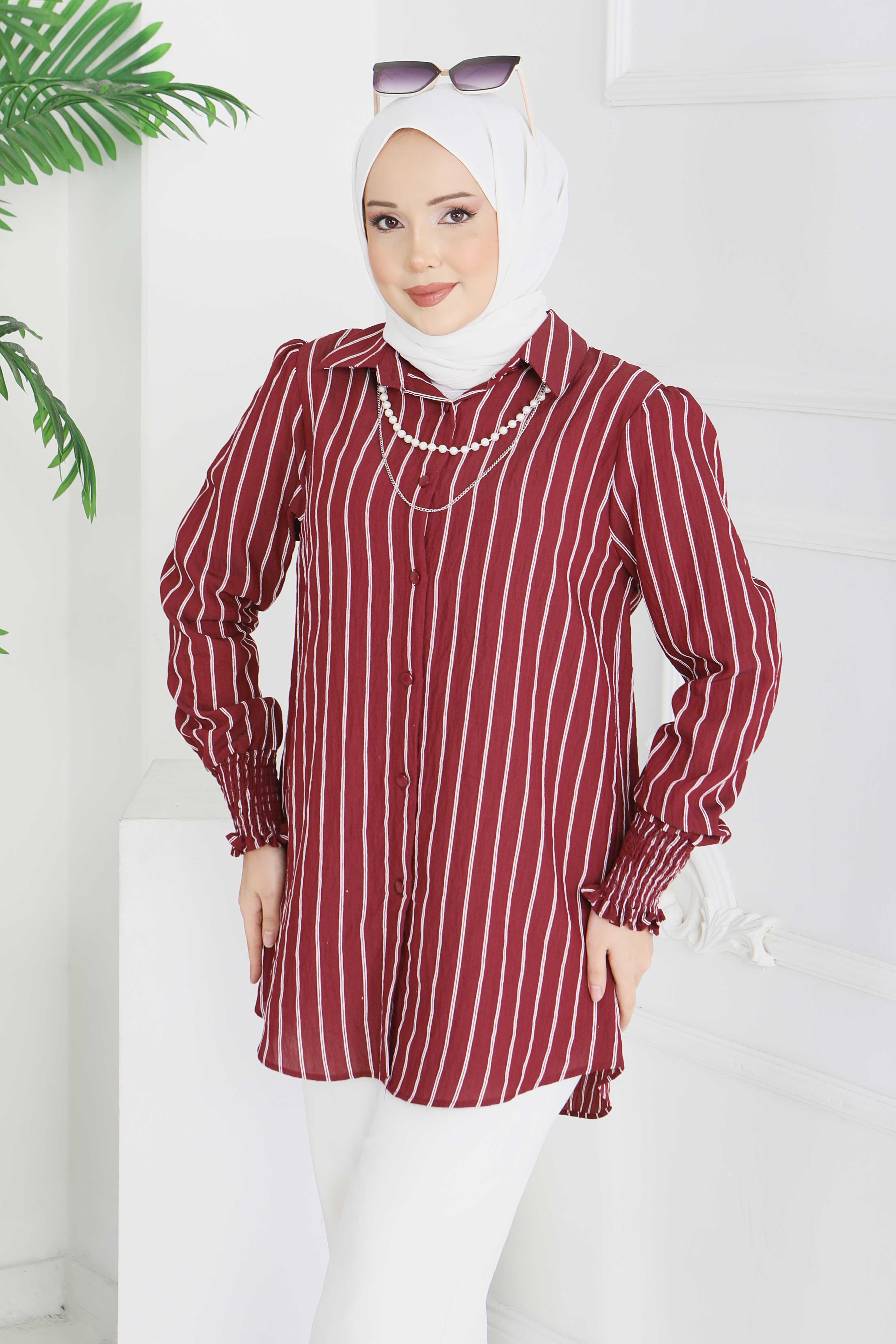 Kolyeli Çizgili Tunik - 28209-BORDO - 3