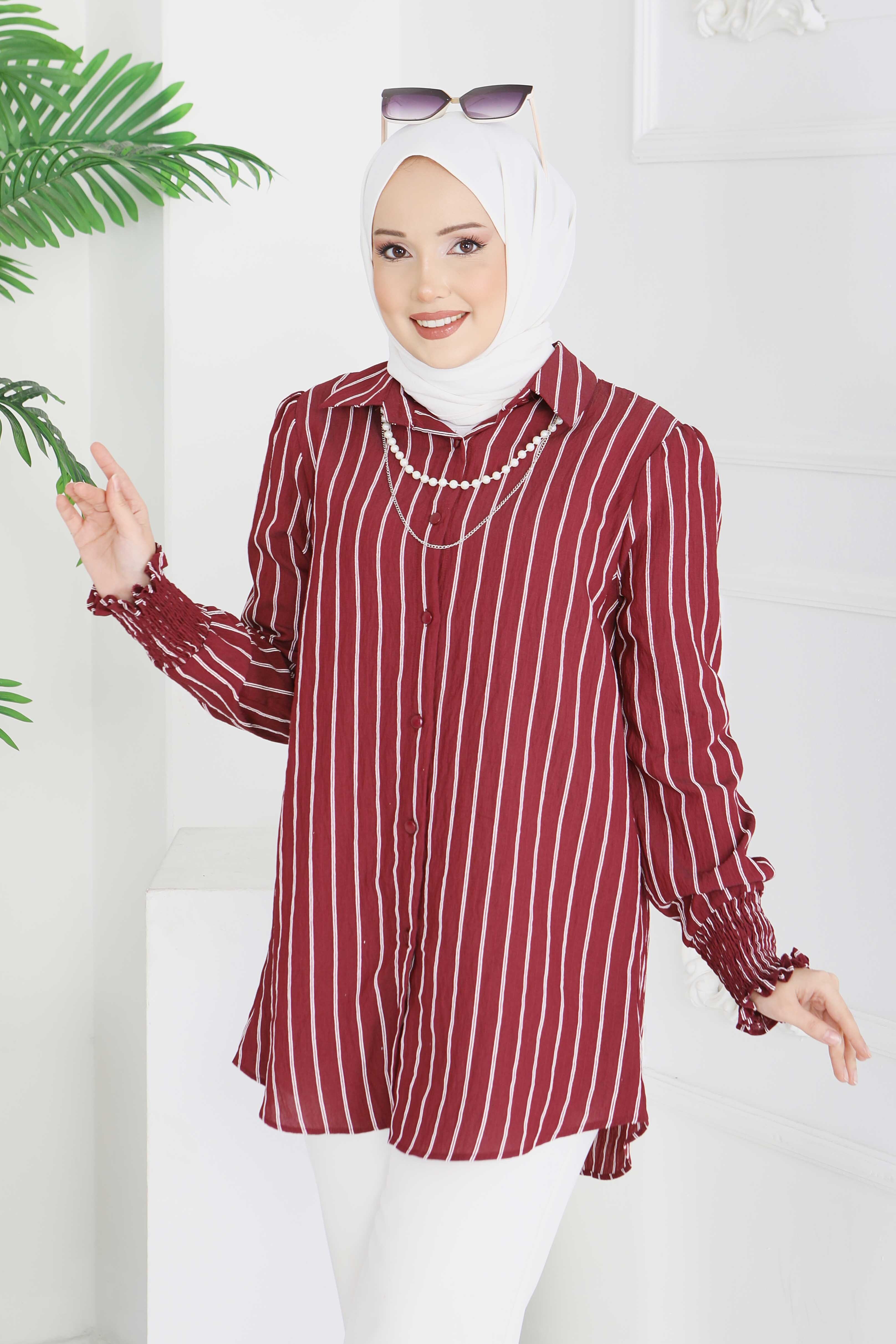 Kolyeli Çizgili Tunik - 28209-BORDO - 4
