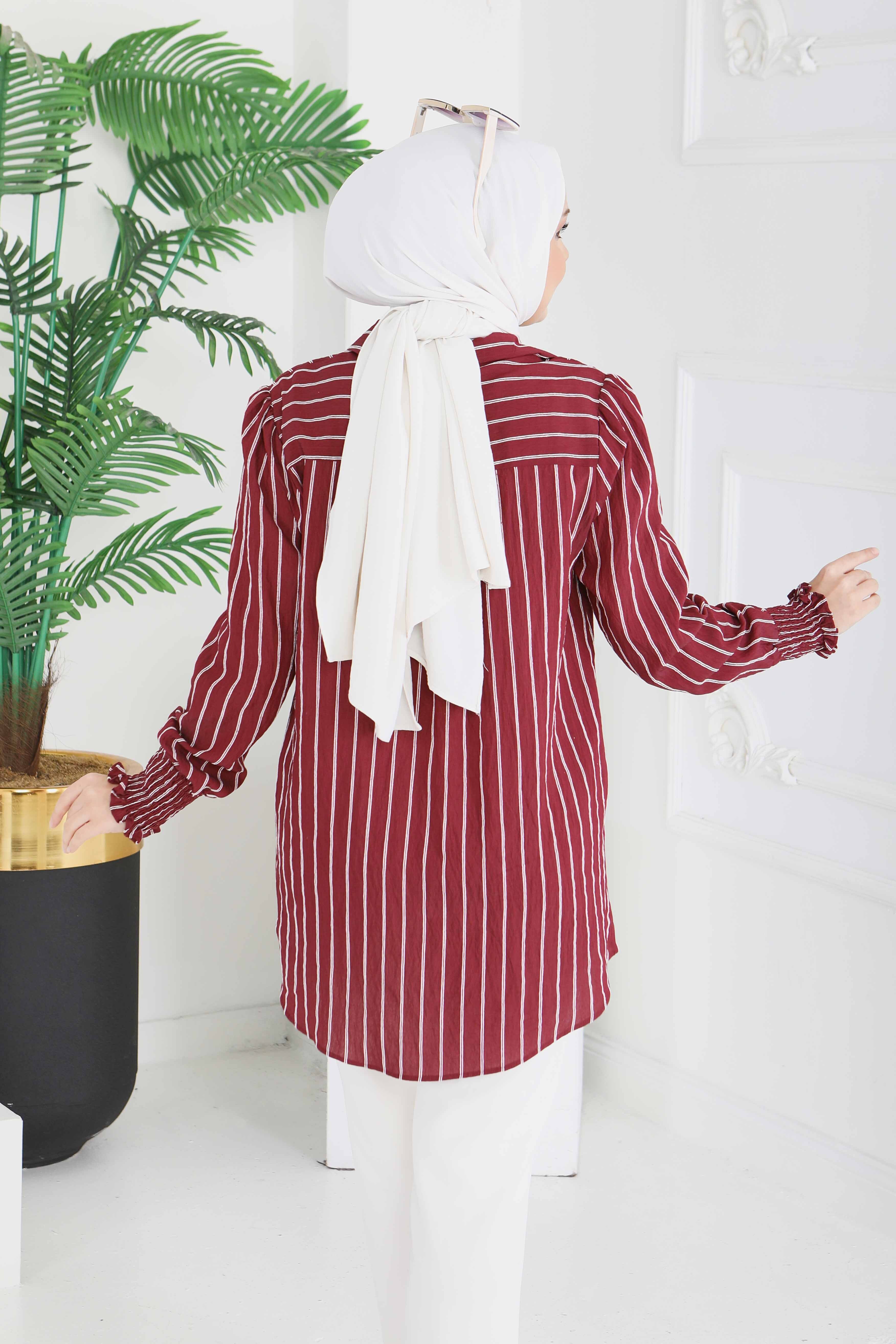 Kolyeli Çizgili Tunik - 28209-BORDO - 5