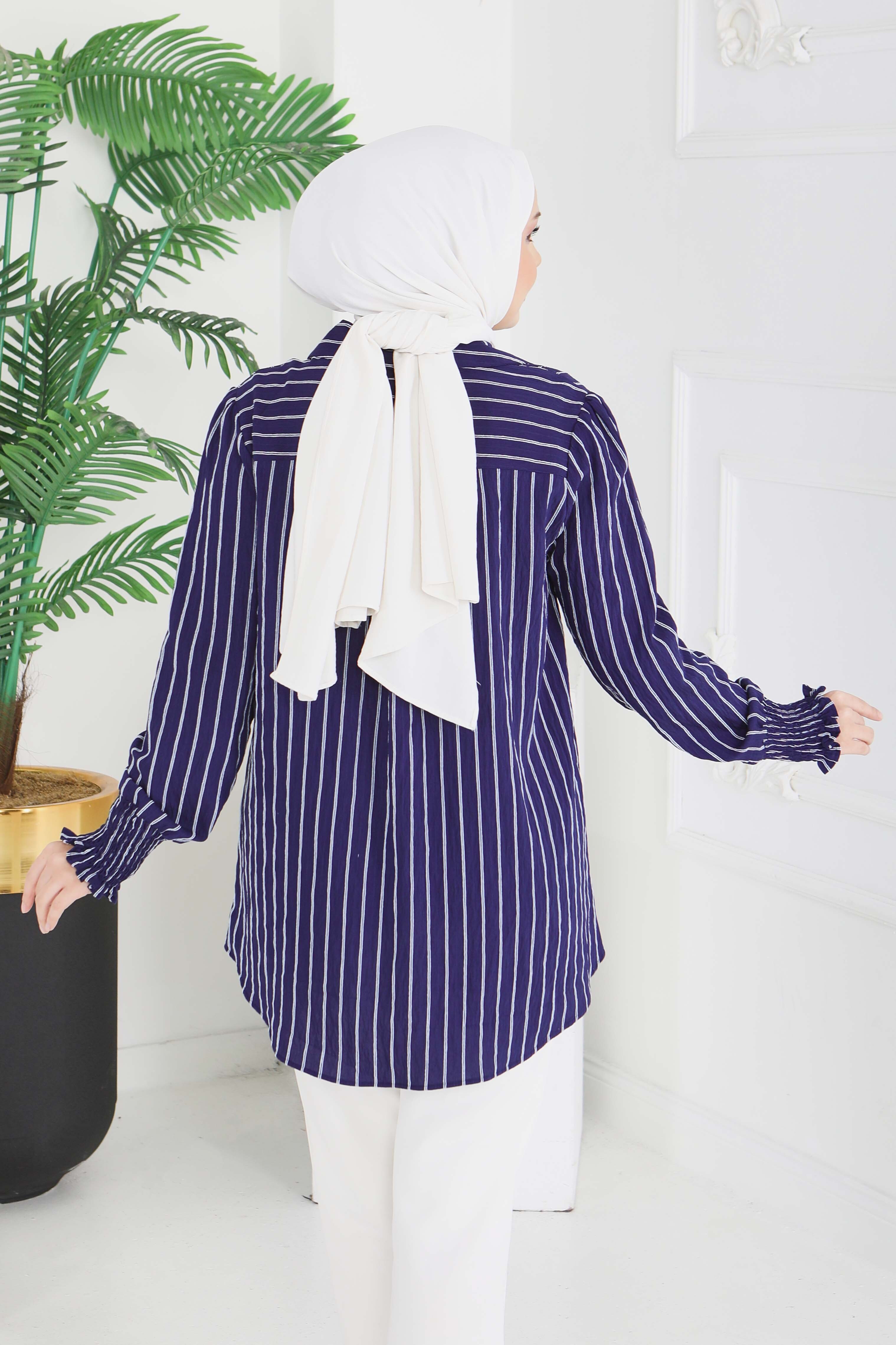 Kolyeli Çizgili Tunik - 28209-LACIVERT - 5