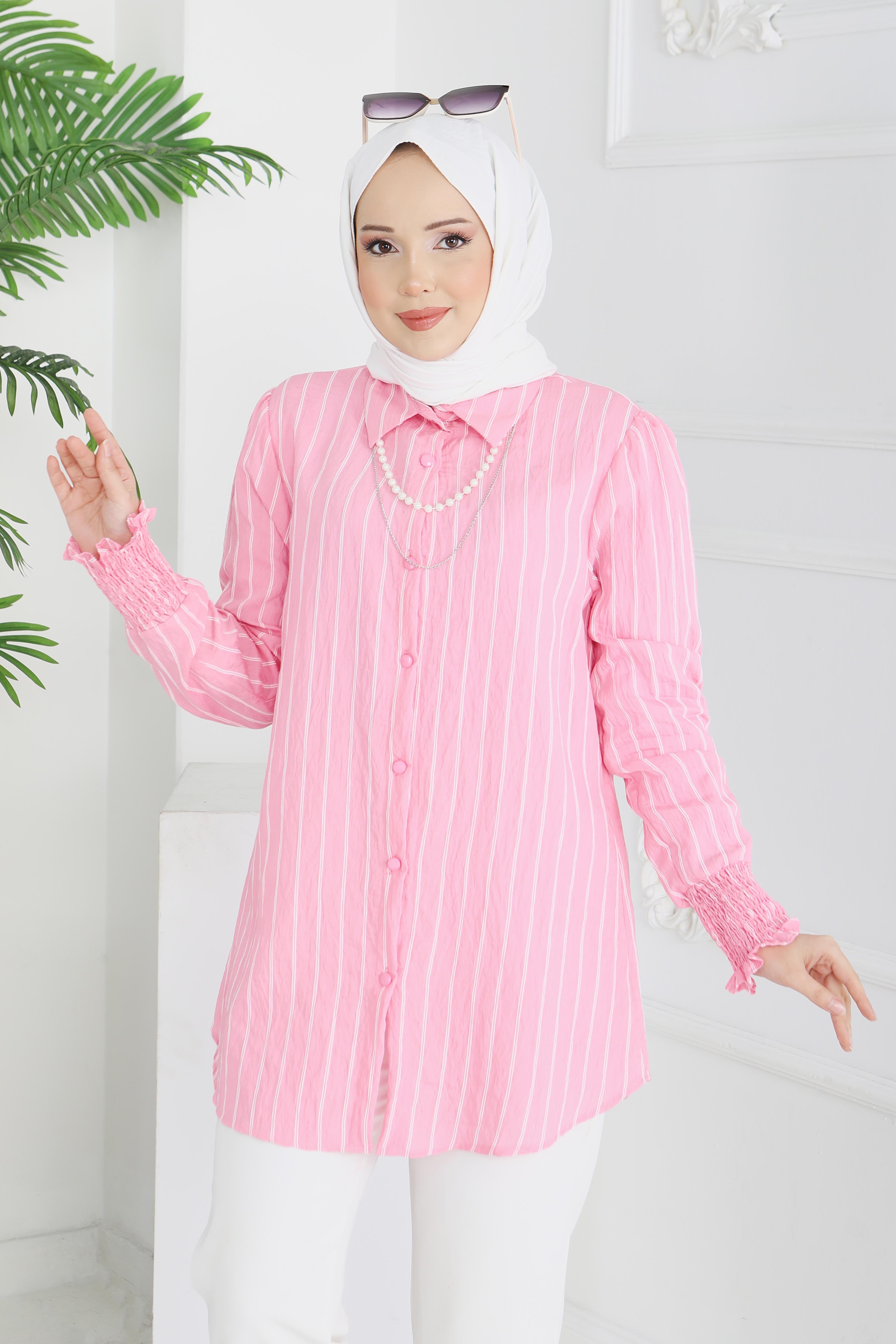 Kolyeli Çizgili Tunik - 28209-PEMBE - 3
