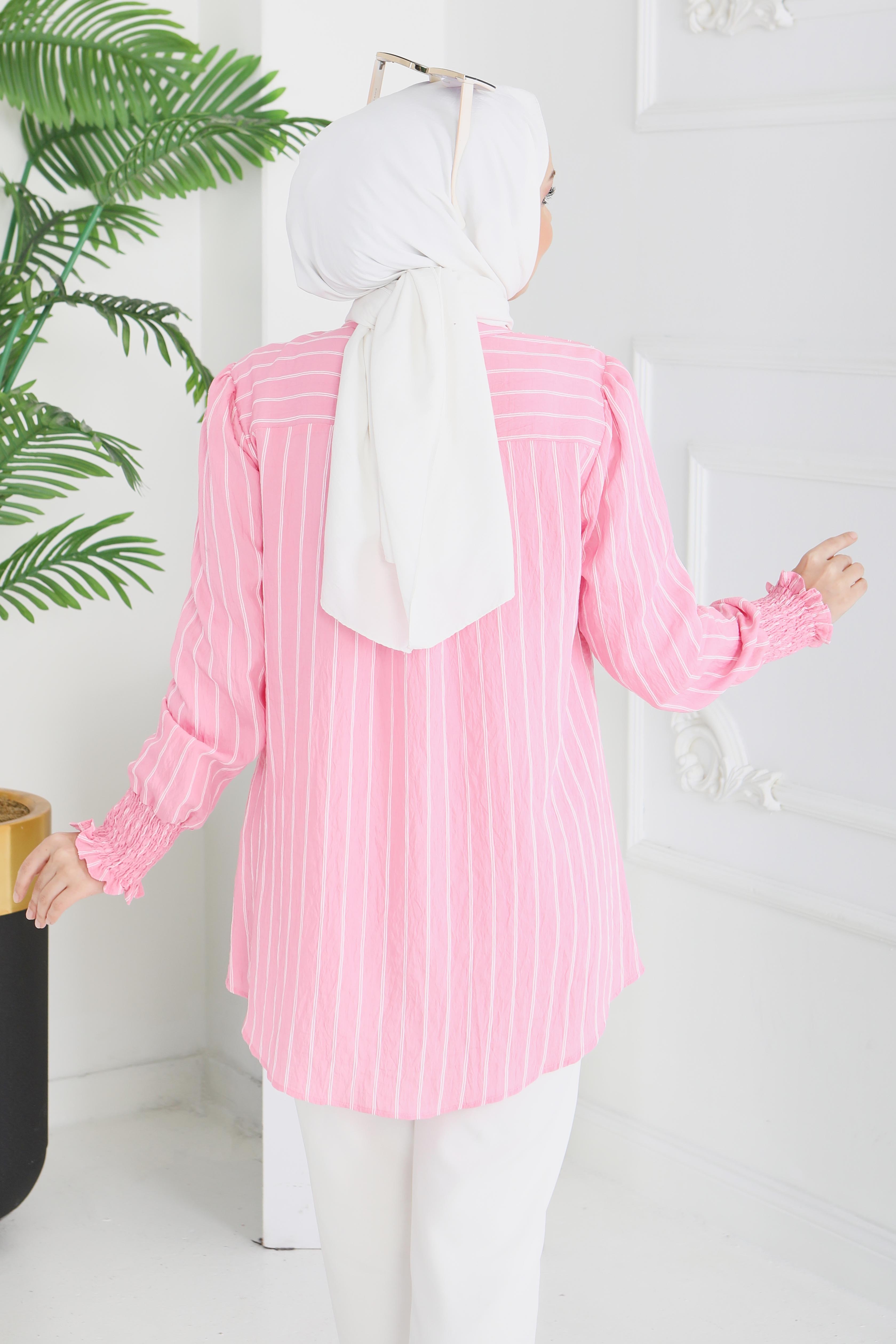 Kolyeli Çizgili Tunik - 28209-PEMBE - 5