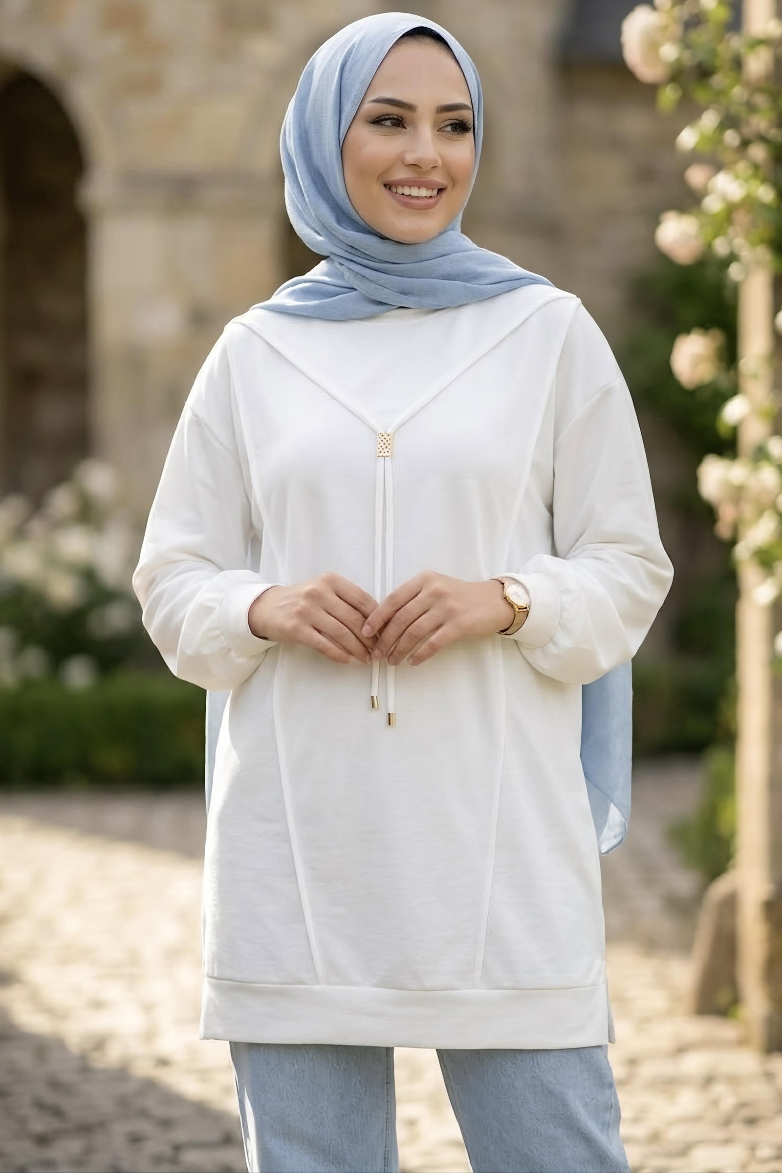 Kravat Detaylı Oysh Modal Tunik Beyaz - 29098-BEYAZ - 1