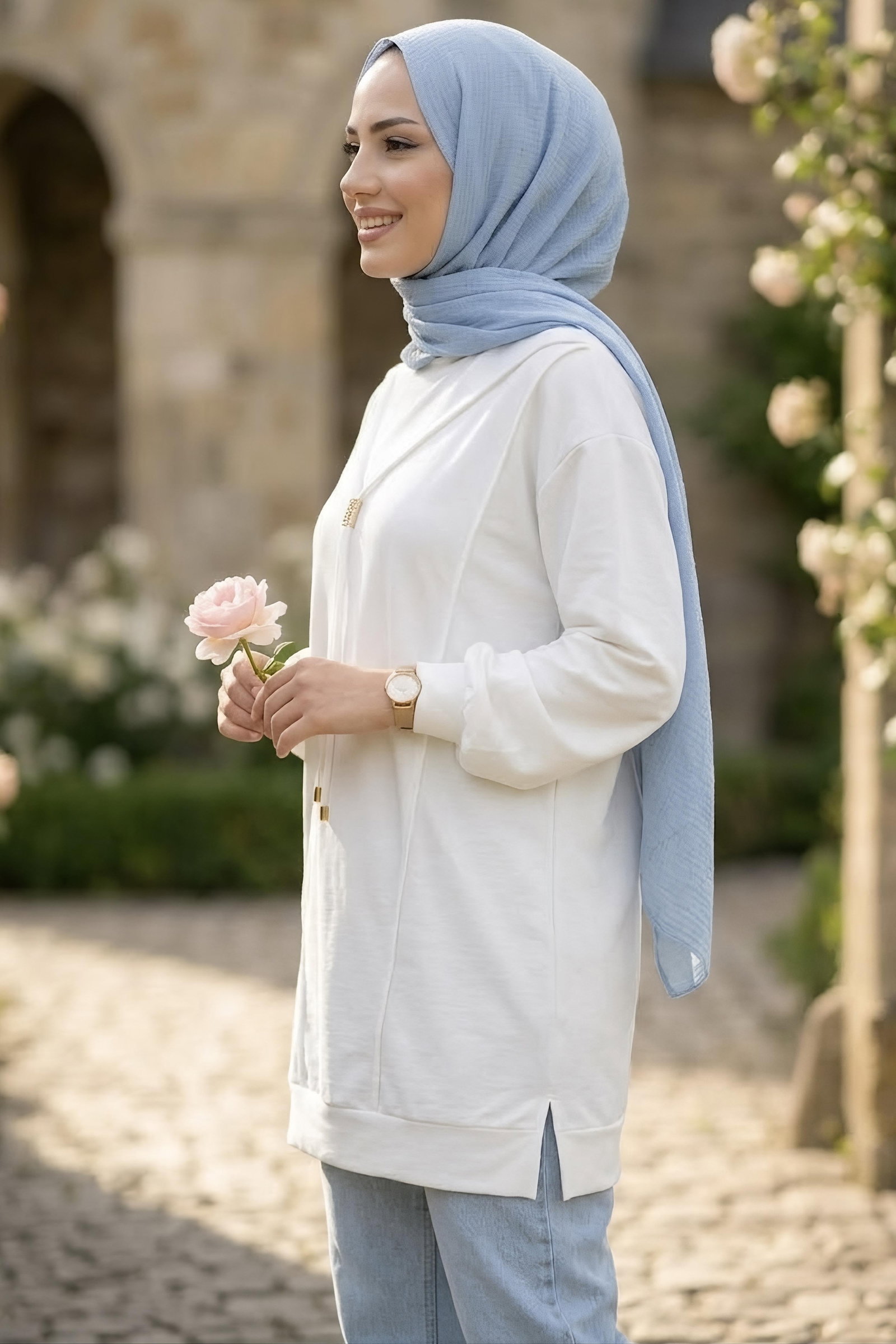 Kravat Detaylı Oysh Modal Tunik Beyaz - 29098-BEYAZ - 2