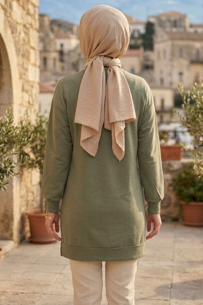 Kravat Detaylı Oysh Modal Tunik Haki - 29098-HAKI - 3