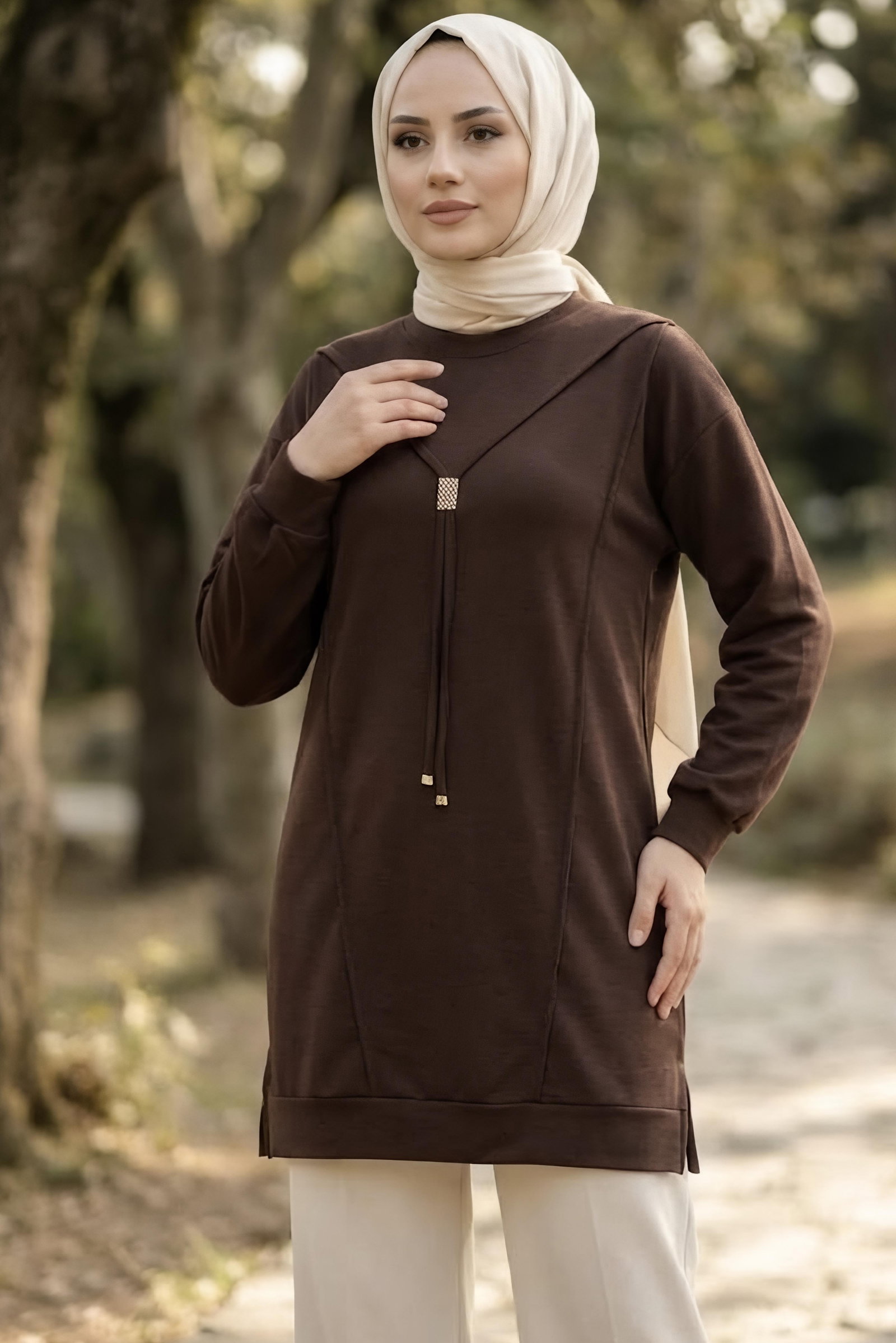 Kravat Detaylı Oysh Modal Tunik Kahve - 29098-KAHVE - 1