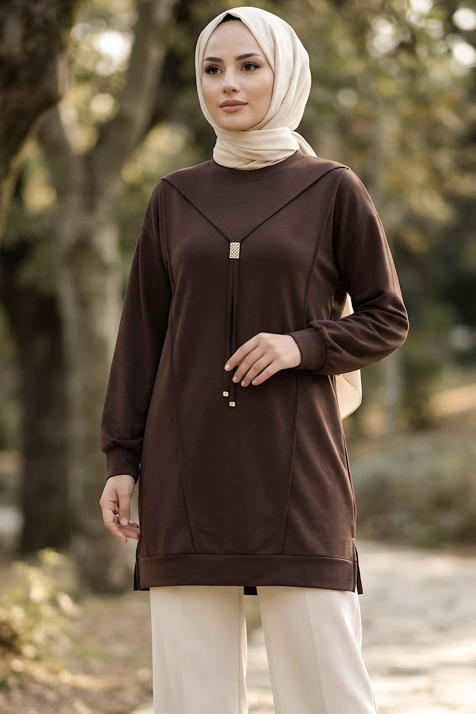 Kravat Detaylı Oysh Modal Tunik Kahve - 29098-KAHVE - 2