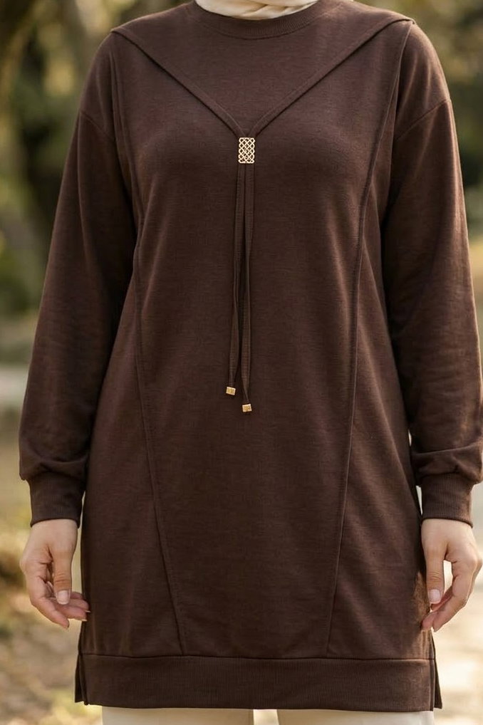 Kravat Detaylı Oysh Modal Tunik Kahve - 29098-KAHVE - 3