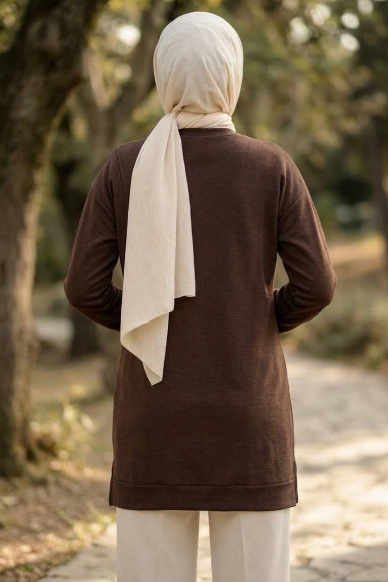 Kravat Detaylı Oysh Modal Tunik Kahve - 29098-KAHVE - 4