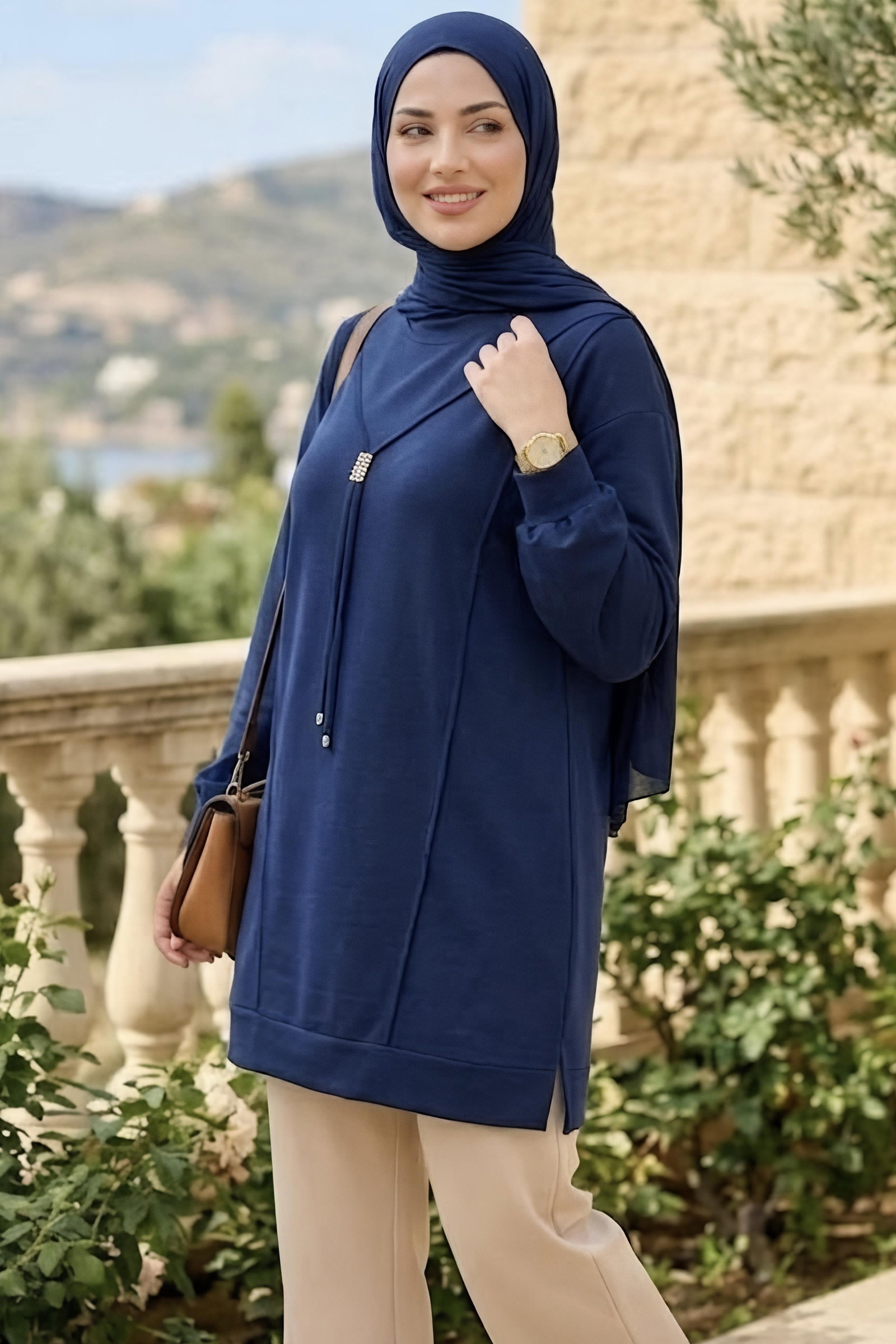 Kravat Detaylı Oysh Modal Tunik Lacivert - 29098-LACIVERT - 1