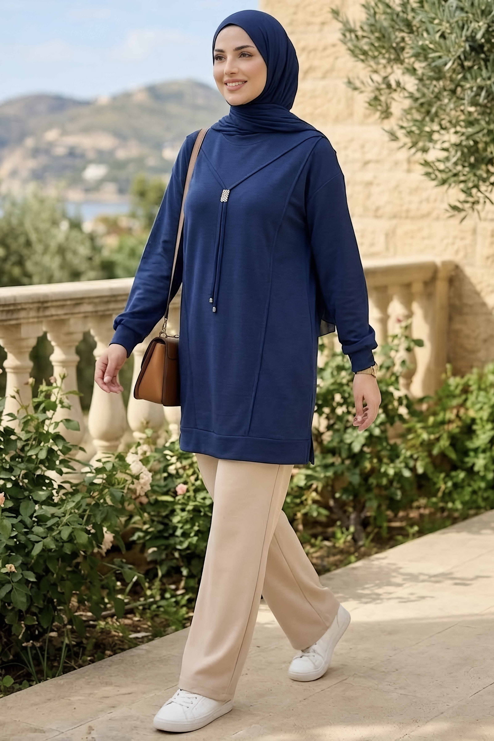 Kravat Detaylı Oysh Modal Tunik Lacivert - 29098-LACIVERT - 2