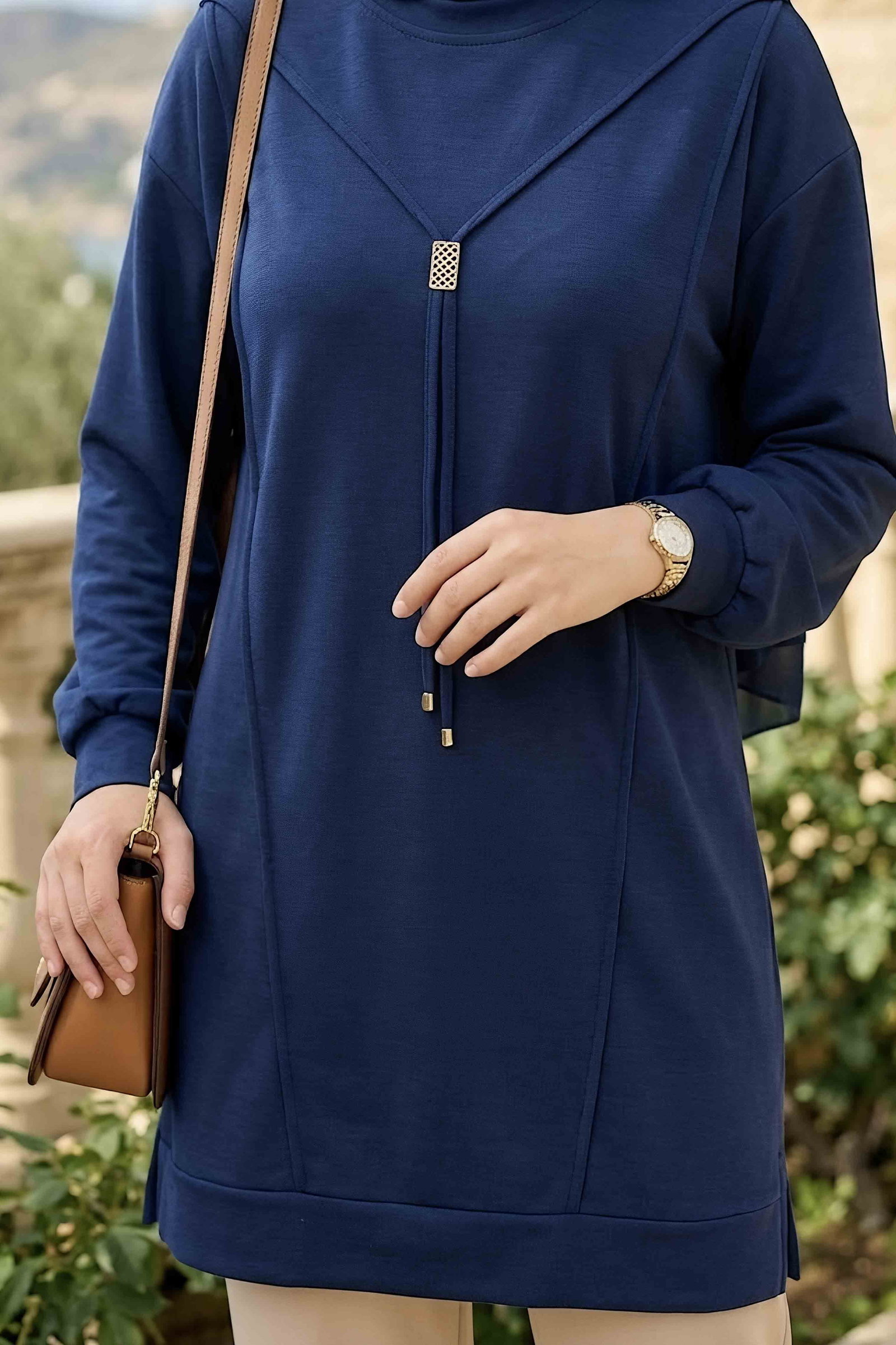 Kravat Detaylı Oysh Modal Tunik Lacivert - 29098-LACIVERT - 3