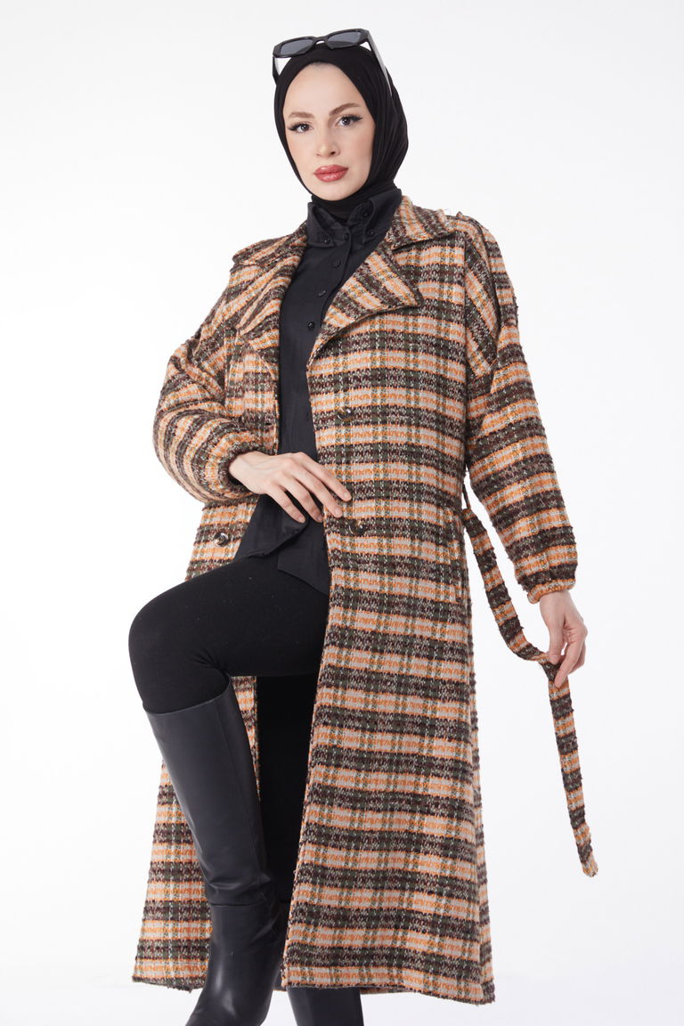 Kruvaze Yaka Kuşaklı Kaşe Kaban - 27738-KAHVE - TOFİSA