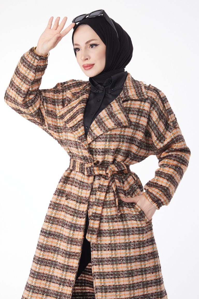 Kruvaze Yaka Kuşaklı Kaşe Kaban - 27738-KAHVE - TOFİSA