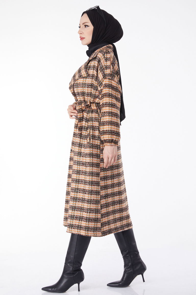 Kruvaze Yaka Kuşaklı Kaşe Kaban - 27738-KAHVE - TOFİSA