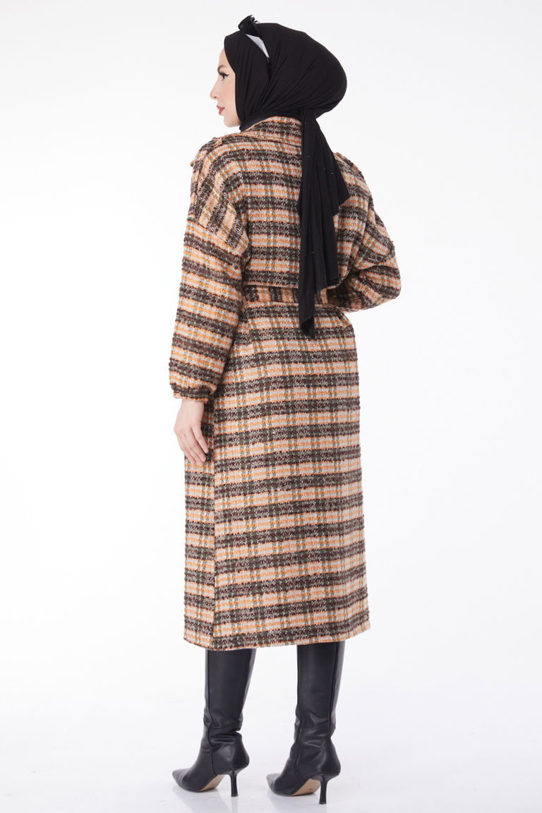 Kruvaze Yaka Kuşaklı Kaşe Kaban - 27738-KAHVE - TOFİSA