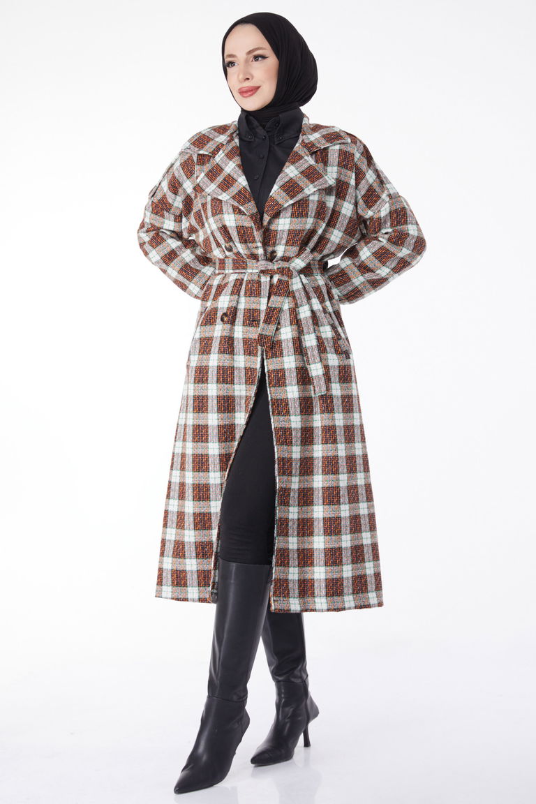 Kruvaze Yaka Kuşaklı Kaşe Kaban - 27738-ORANJ - TOFİSA