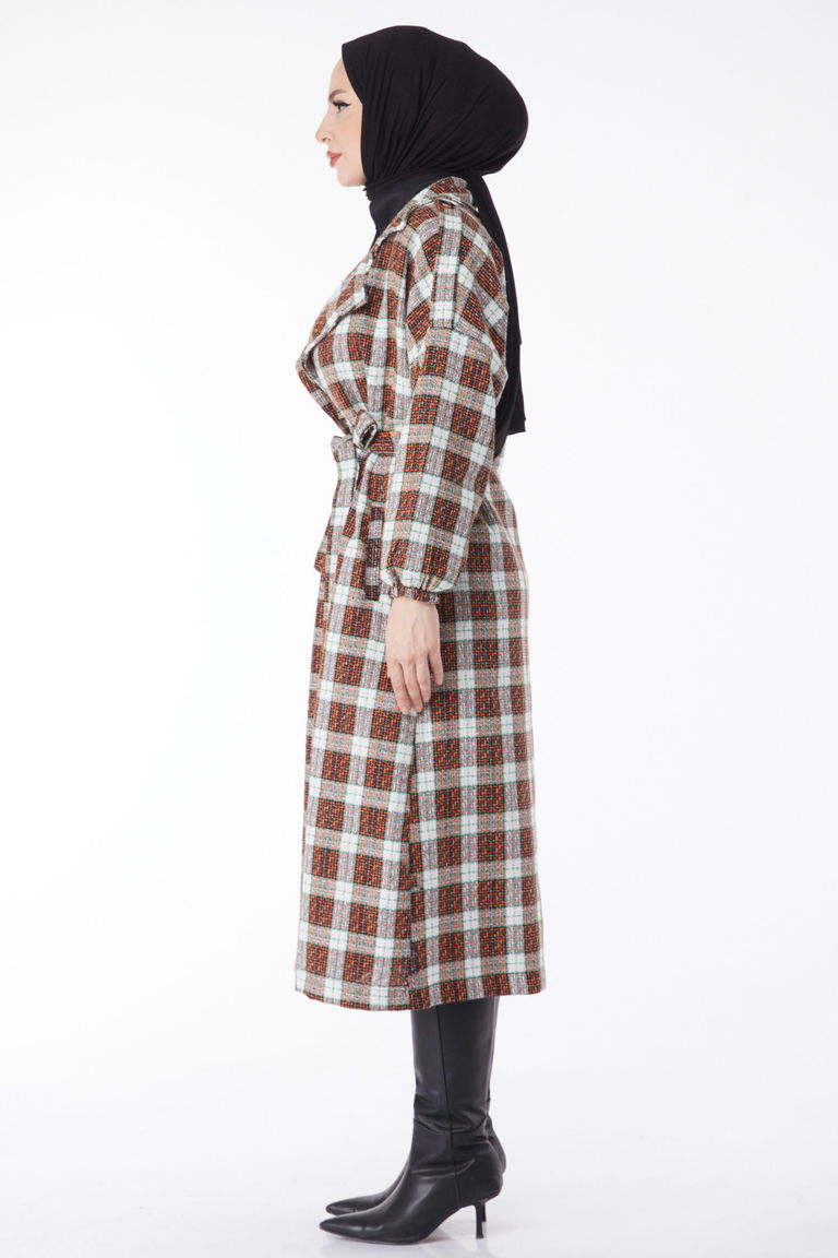 Kruvaze Yaka Kuşaklı Kaşe Kaban - 27738-ORANJ - TOFİSA