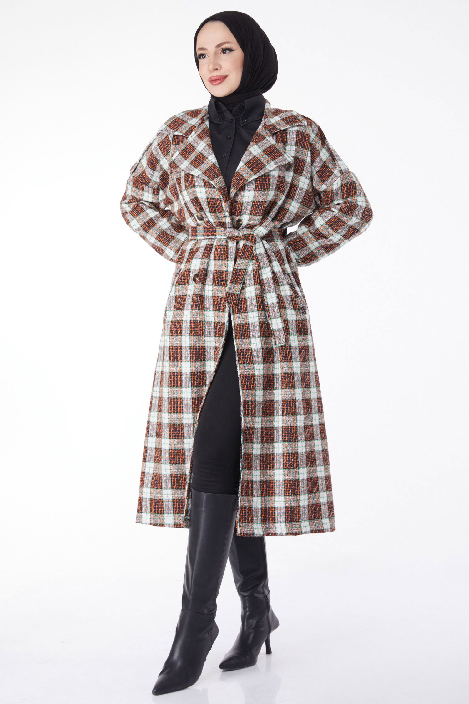 Kruvaze Yaka Kuşaklı Kaşe Kaban - 27738-ORANJ - 1