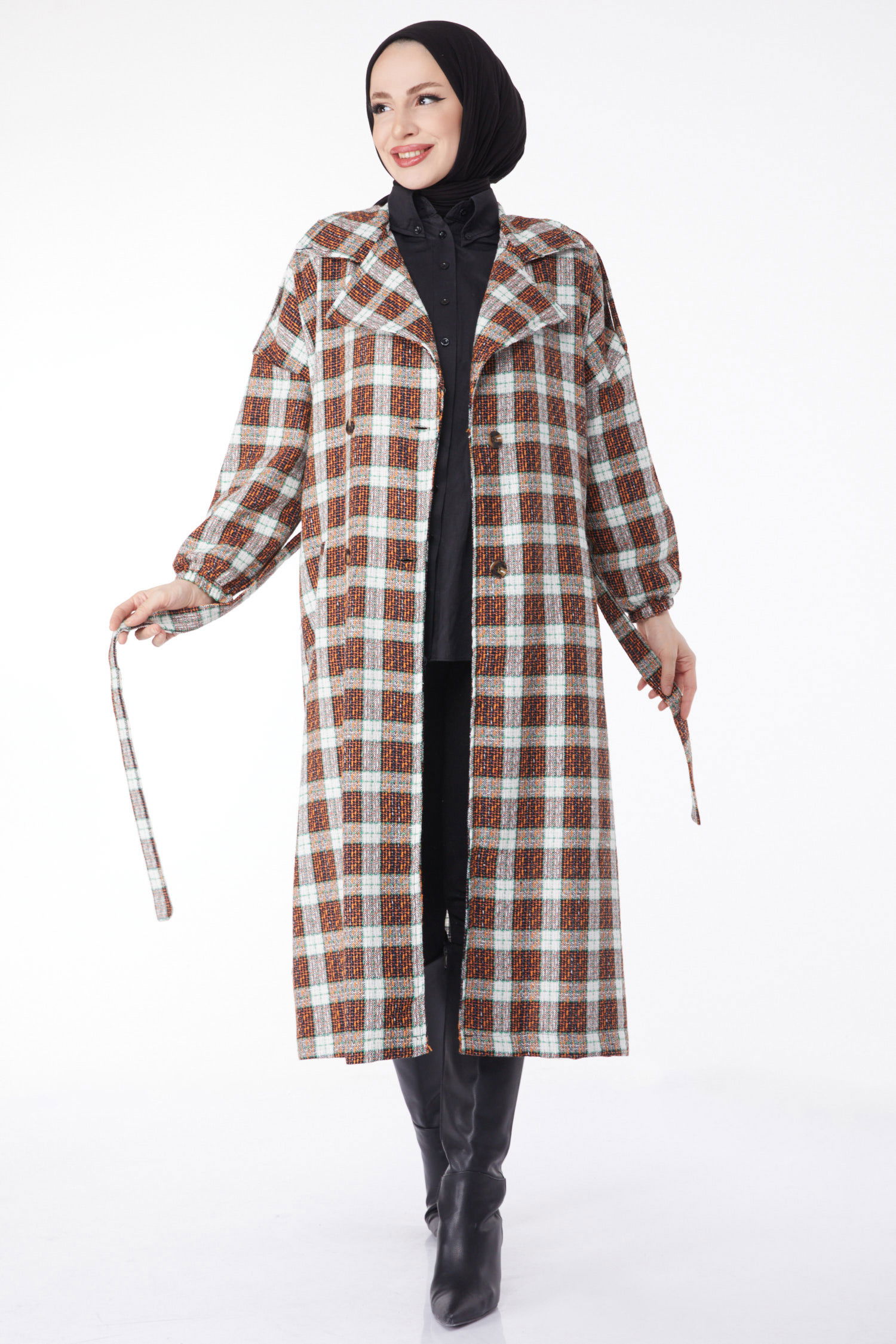 Kruvaze Yaka Kuşaklı Kaşe Kaban - 27738-ORANJ - 2