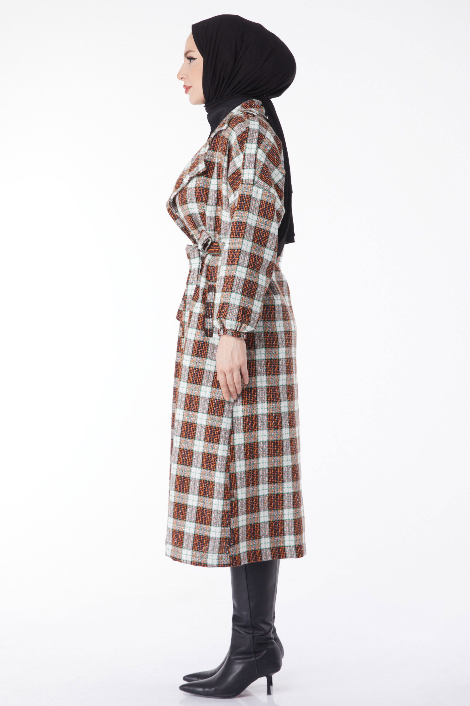 Kruvaze Yaka Kuşaklı Kaşe Kaban - 27738-ORANJ - 4