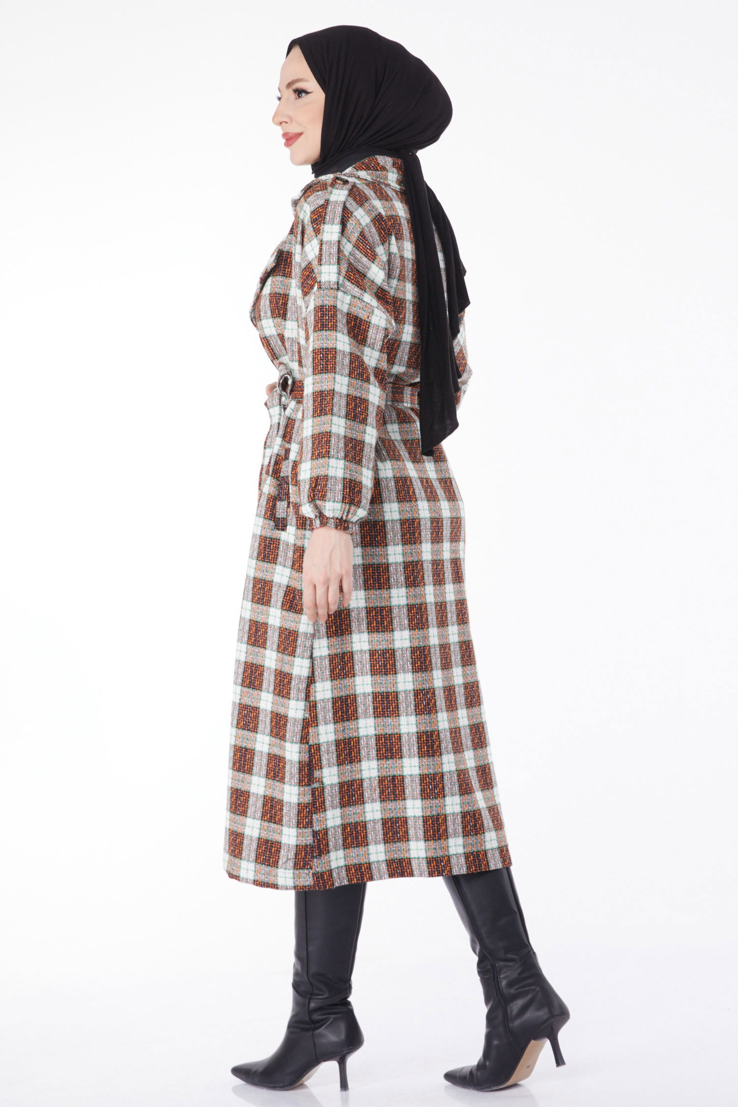 Kruvaze Yaka Kuşaklı Kaşe Kaban - 27738-ORANJ - 5