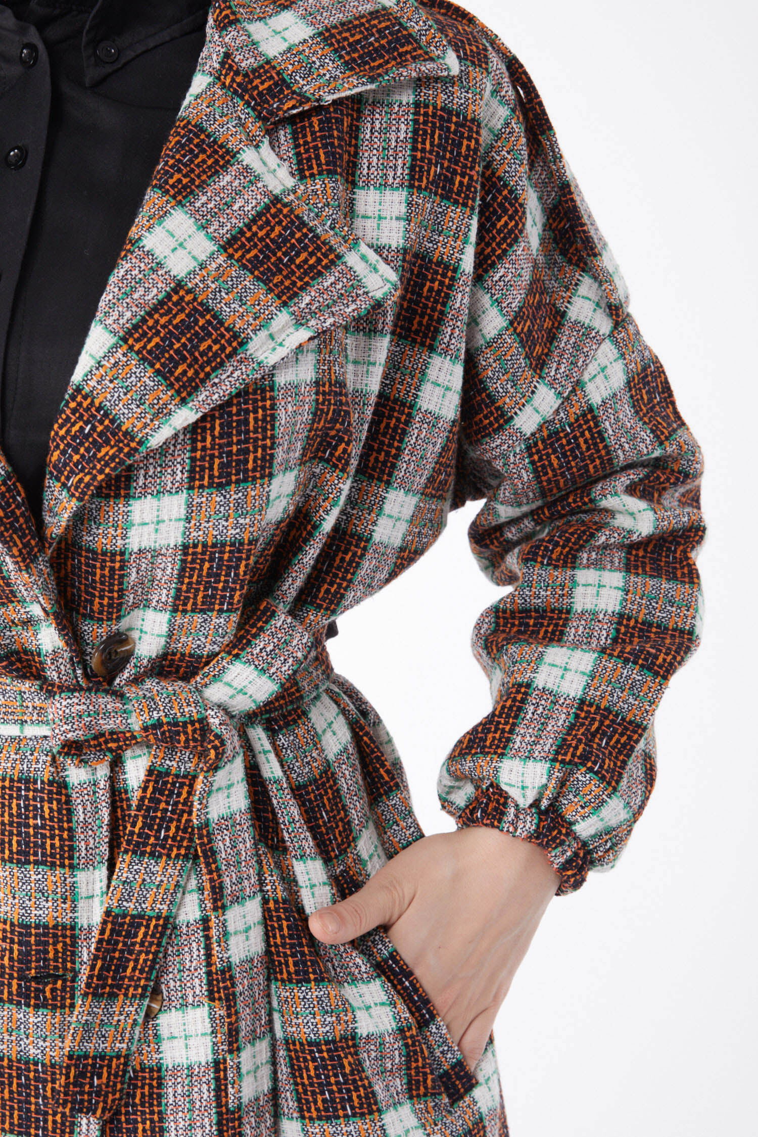 Kruvaze Yaka Kuşaklı Kaşe Kaban - 27738-ORANJ - 6